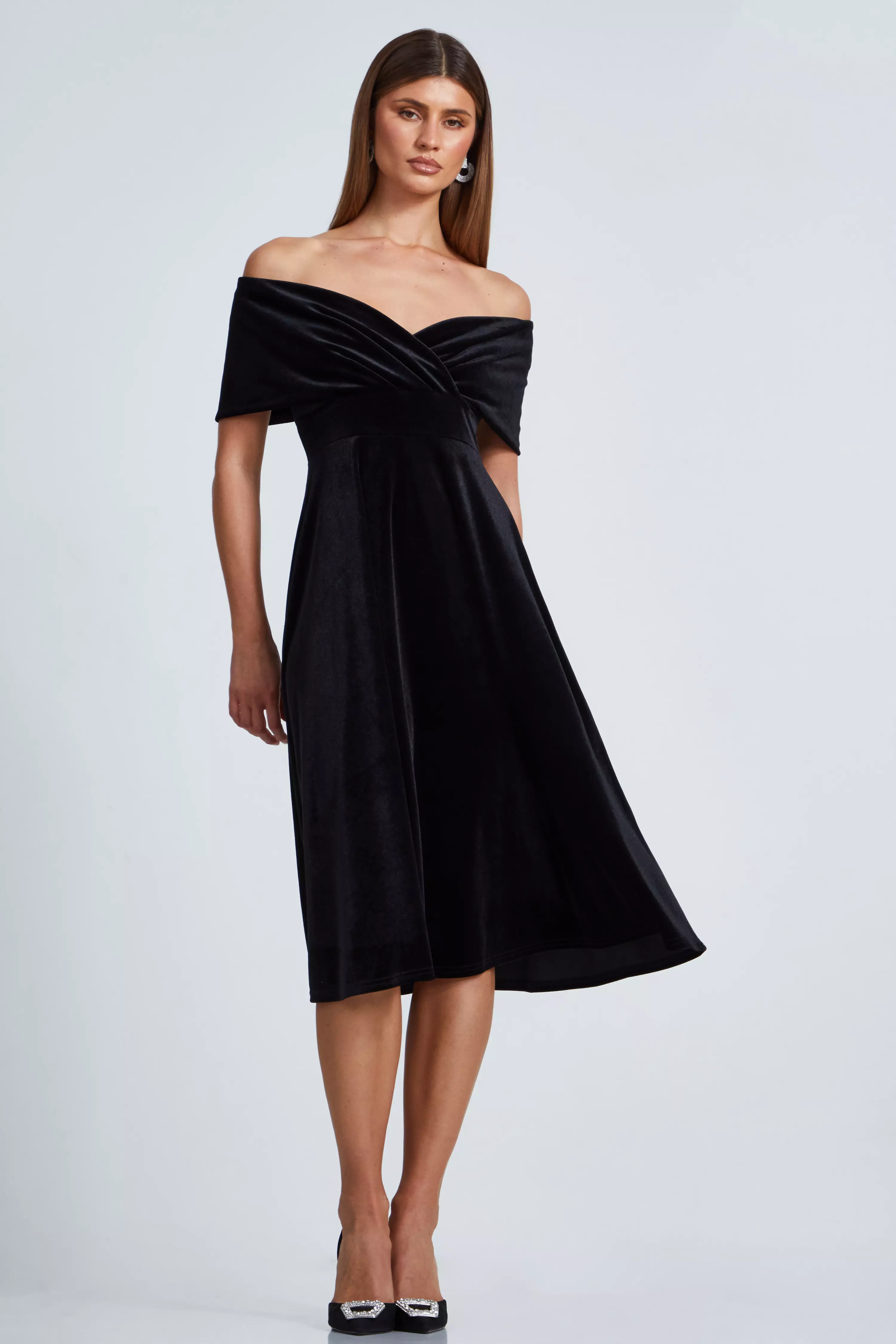 Black Velvet Bardot Midi Dress