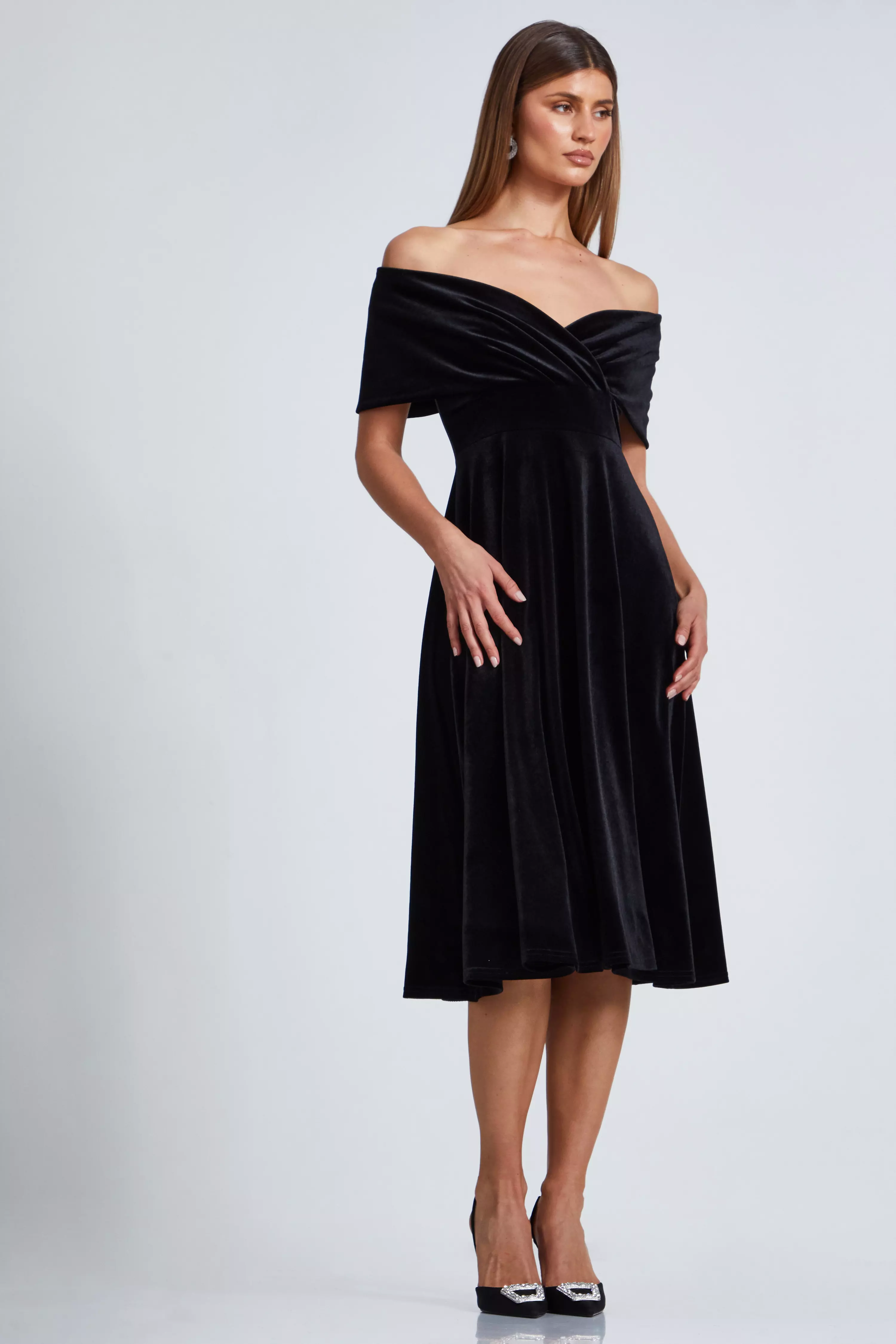 Black Velvet Bardot Midi Dress