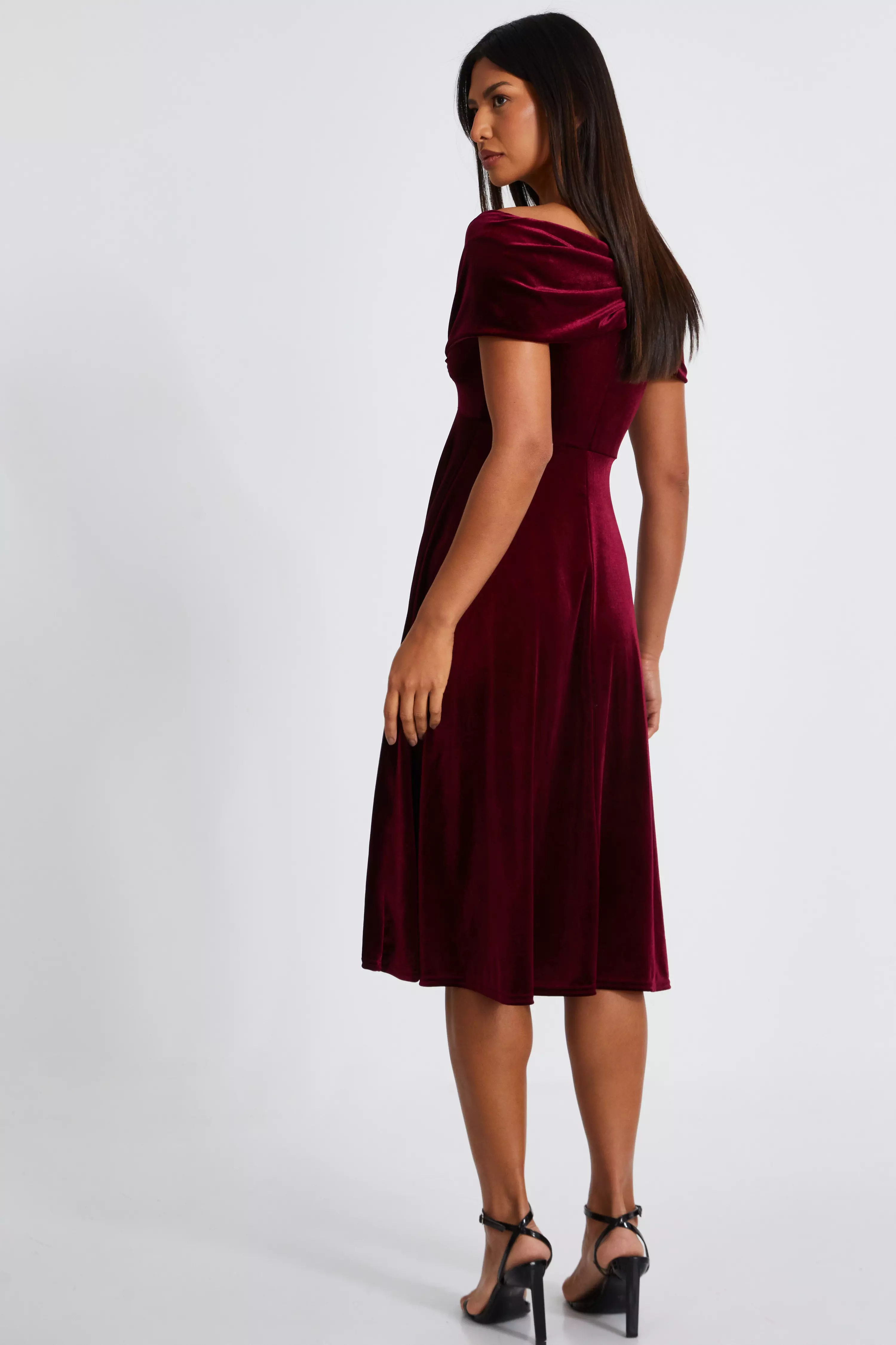 Dark Red Bardot Skater Midi Dress 