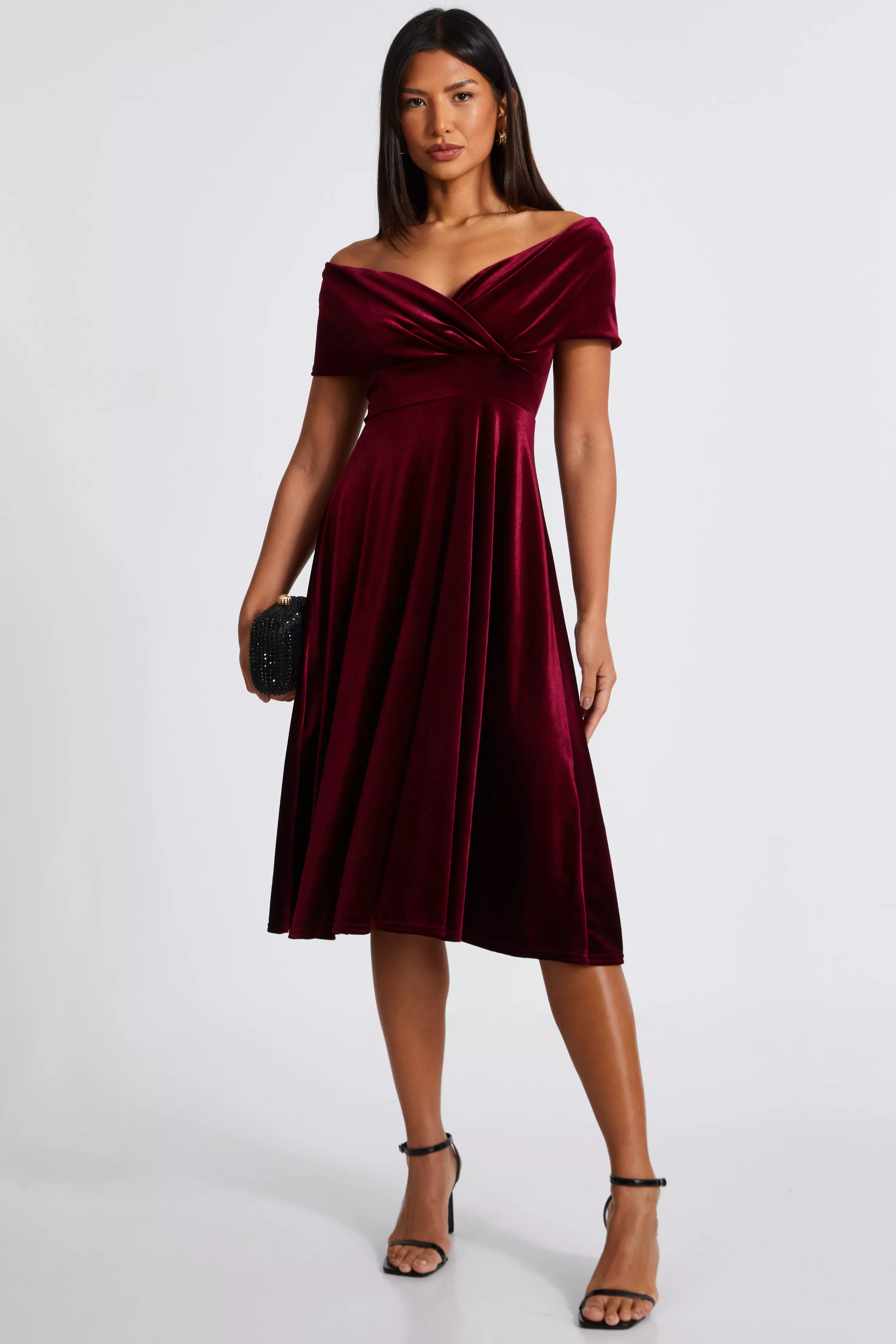 Dark Red Bardot Skater Midi Dress 