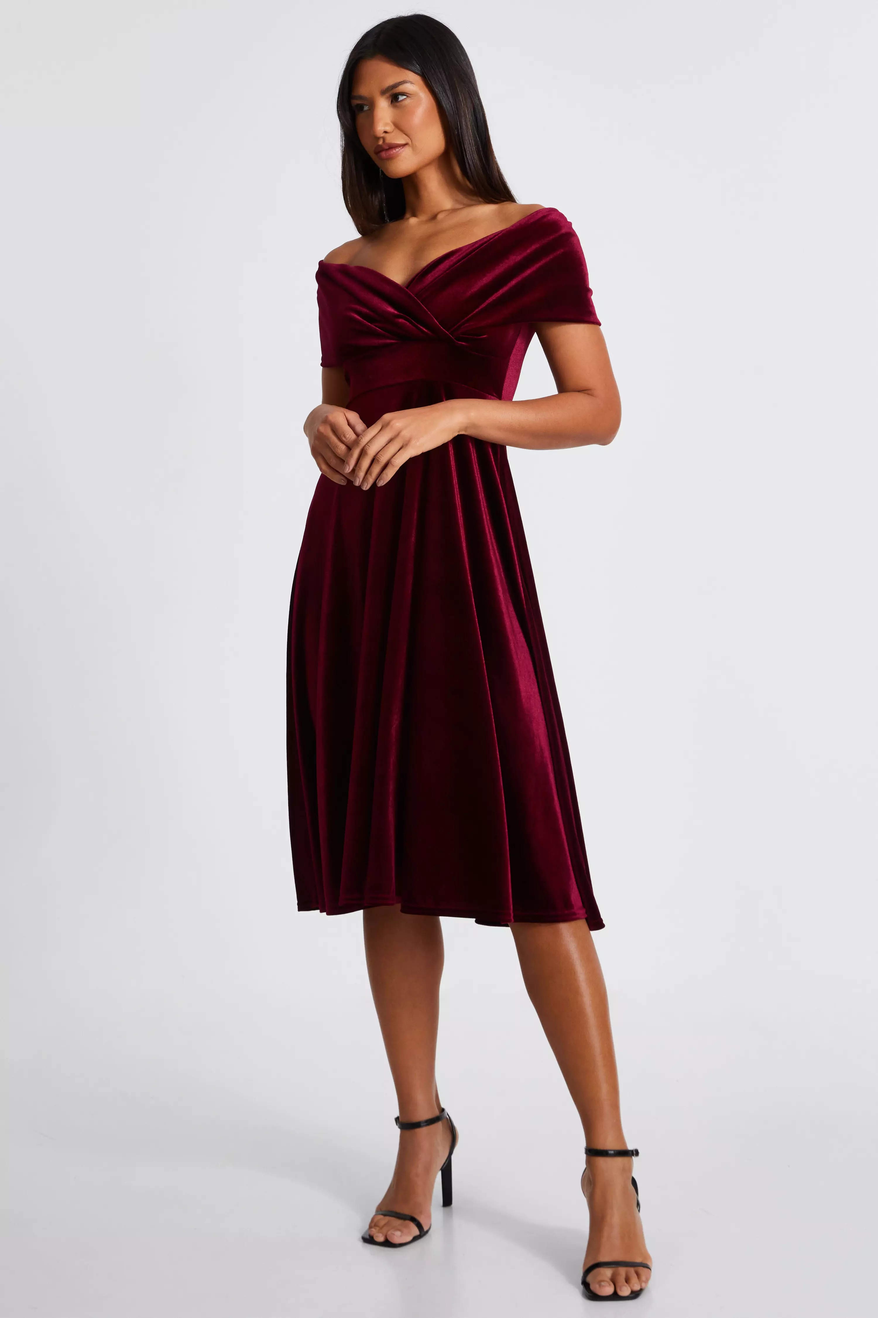 Dark Red Bardot Skater Midi Dress 