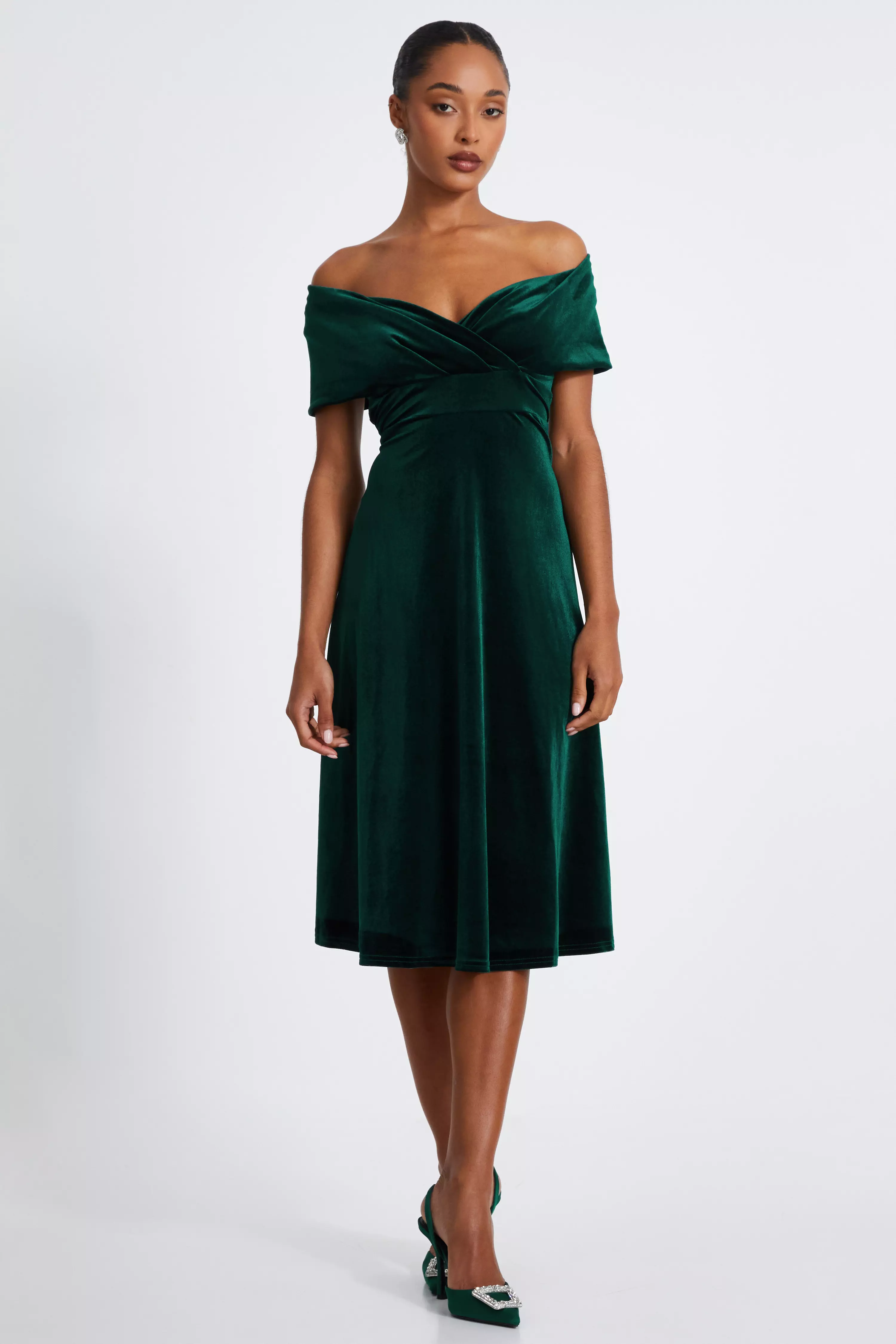 Bottle Green Velvet Bardot Midi Dress