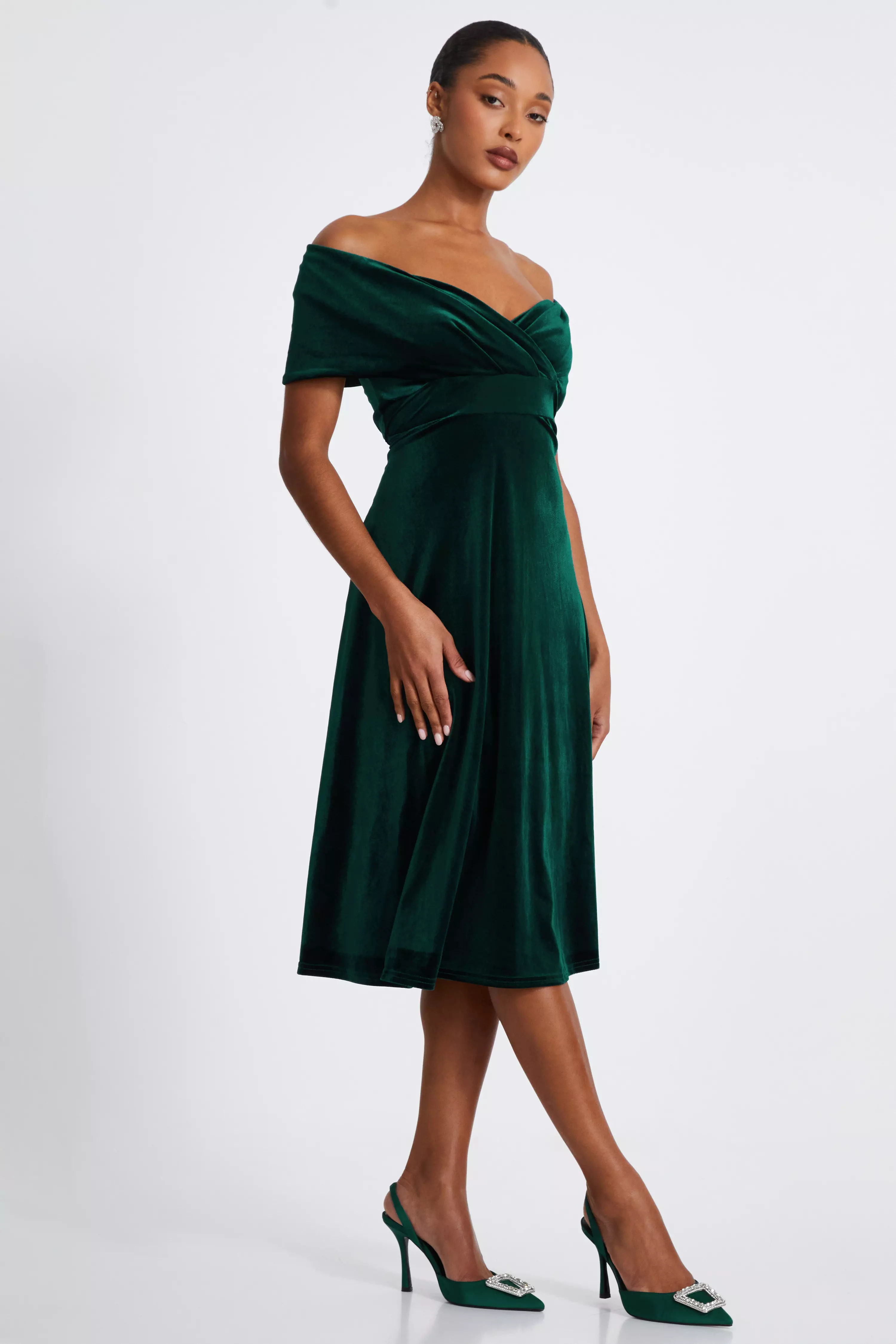 Bottle Green Velvet Bardot Midi Dress