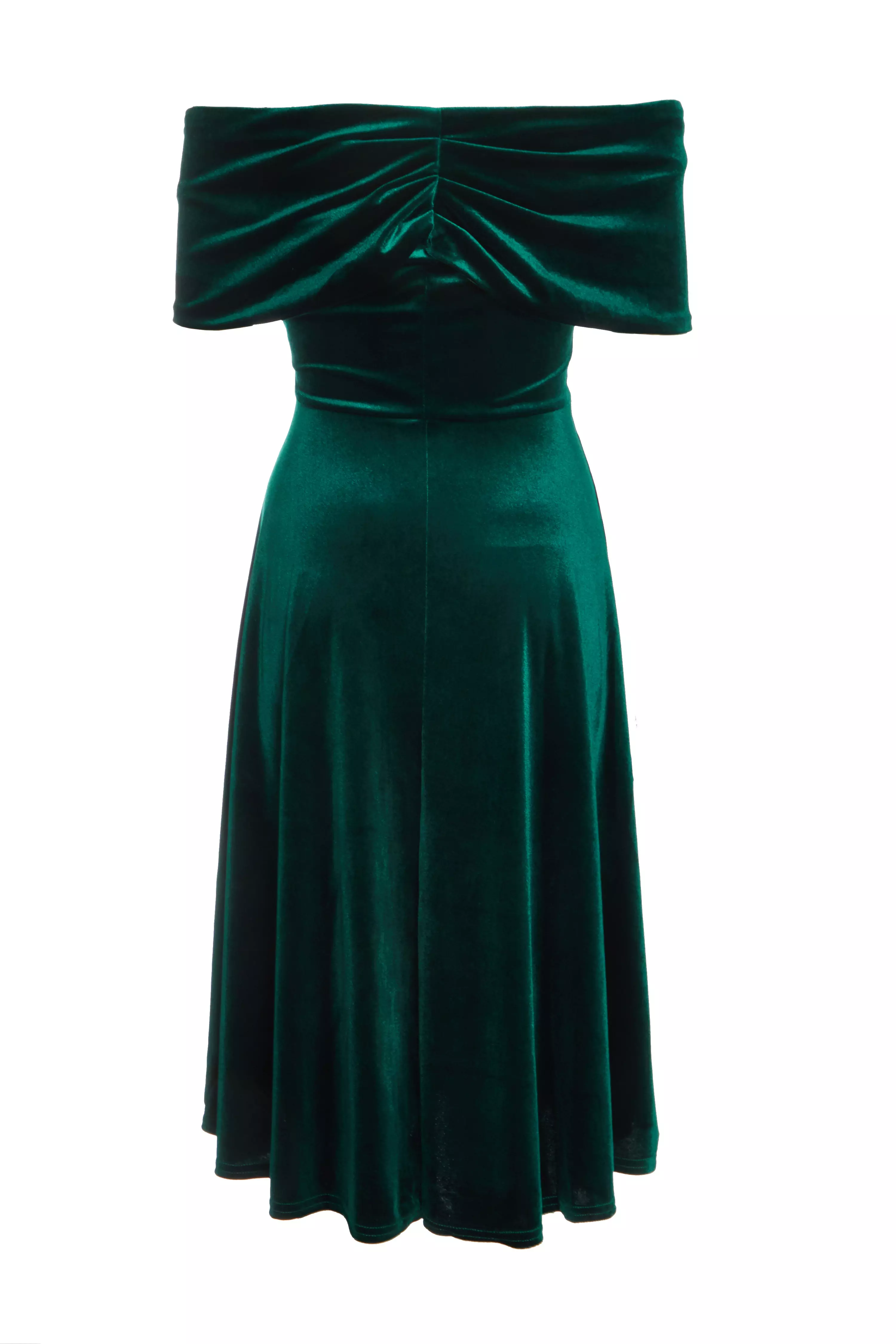 Bottle Green Velvet Bardot Midi Dress