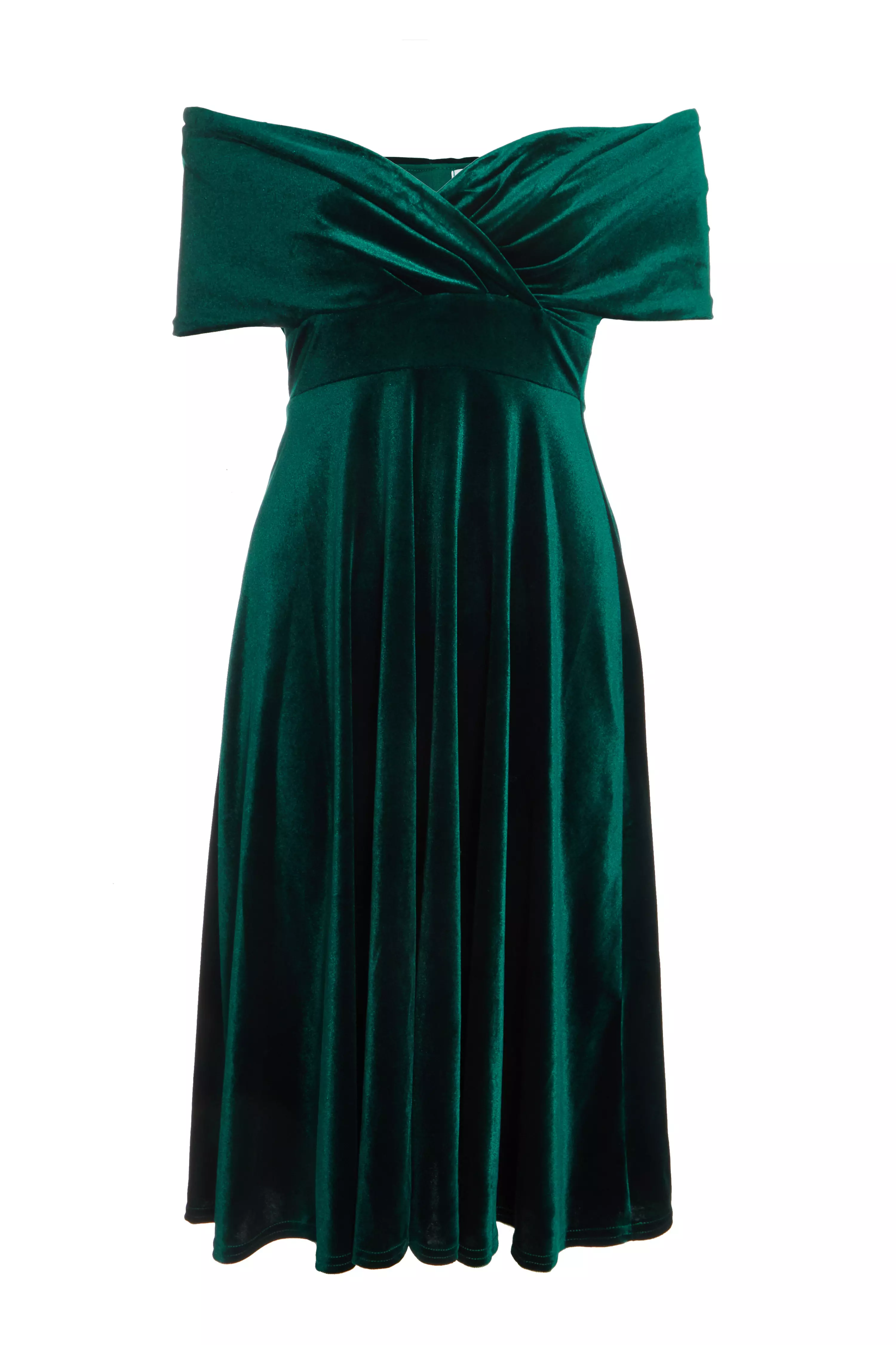 Bottle Green Velvet Bardot Midi Dress