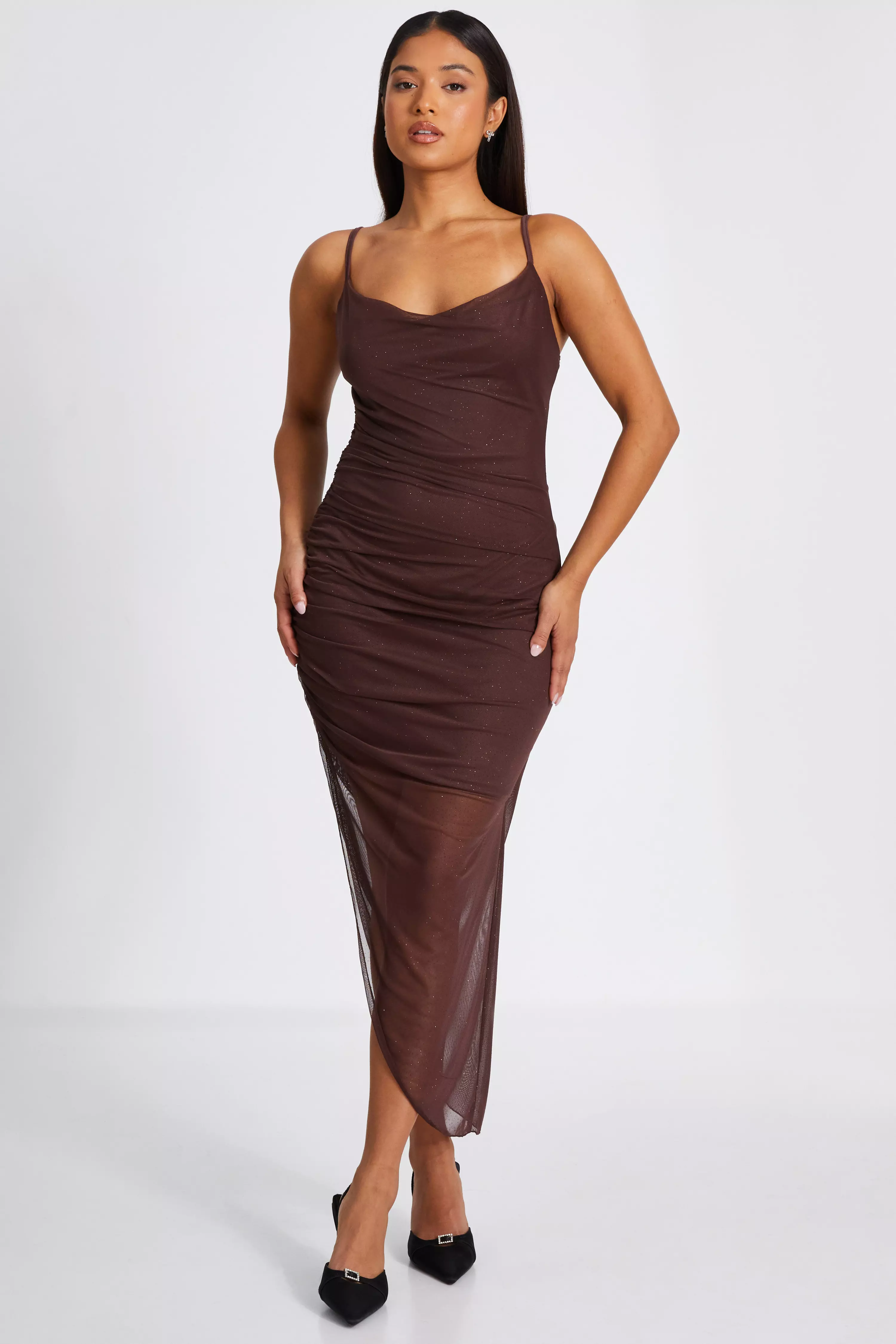 Petite Brown Glitter Mesh Midaxi Dress