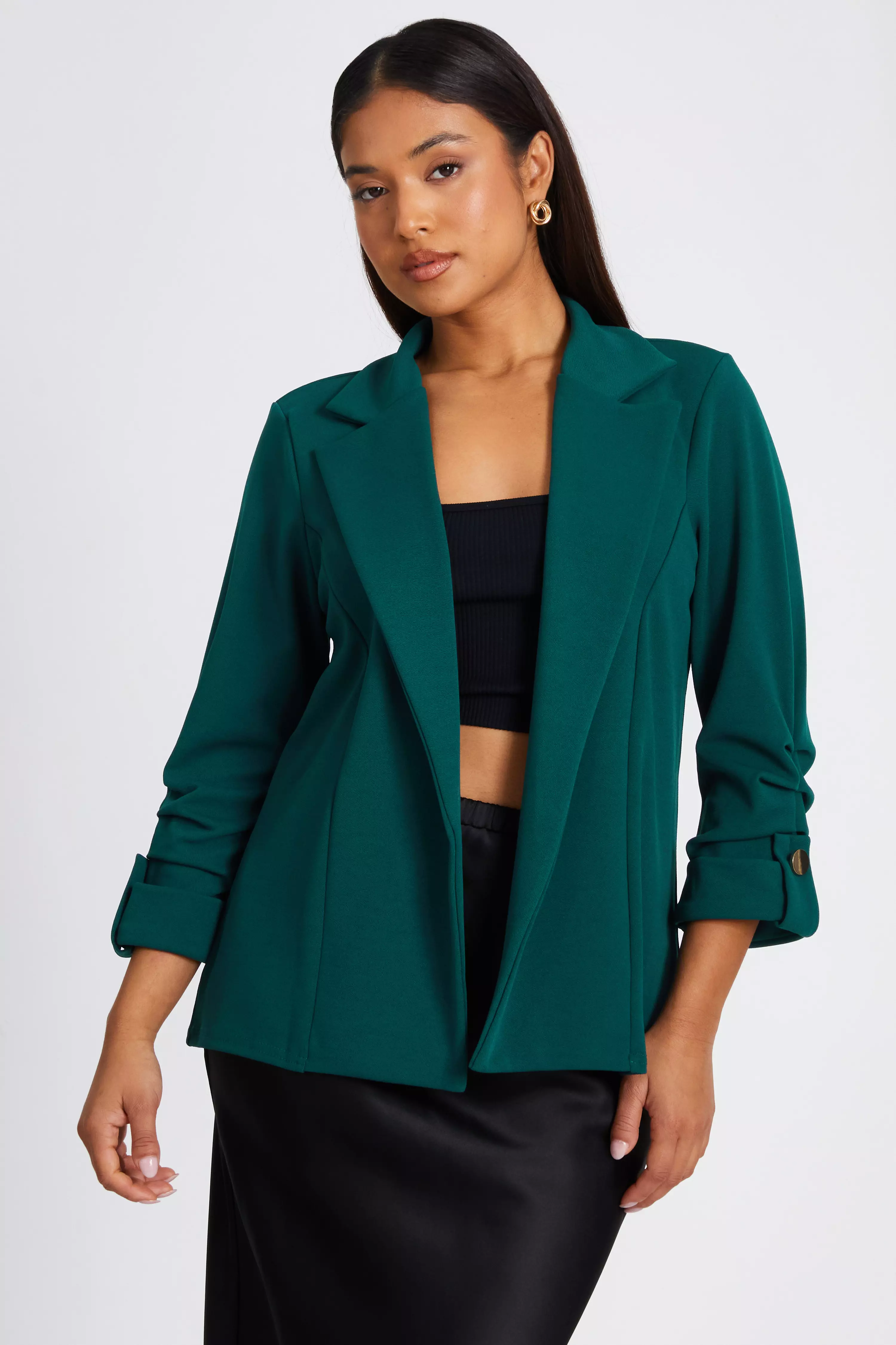 Petite Bottle Green Ruched Sleeve Blazer