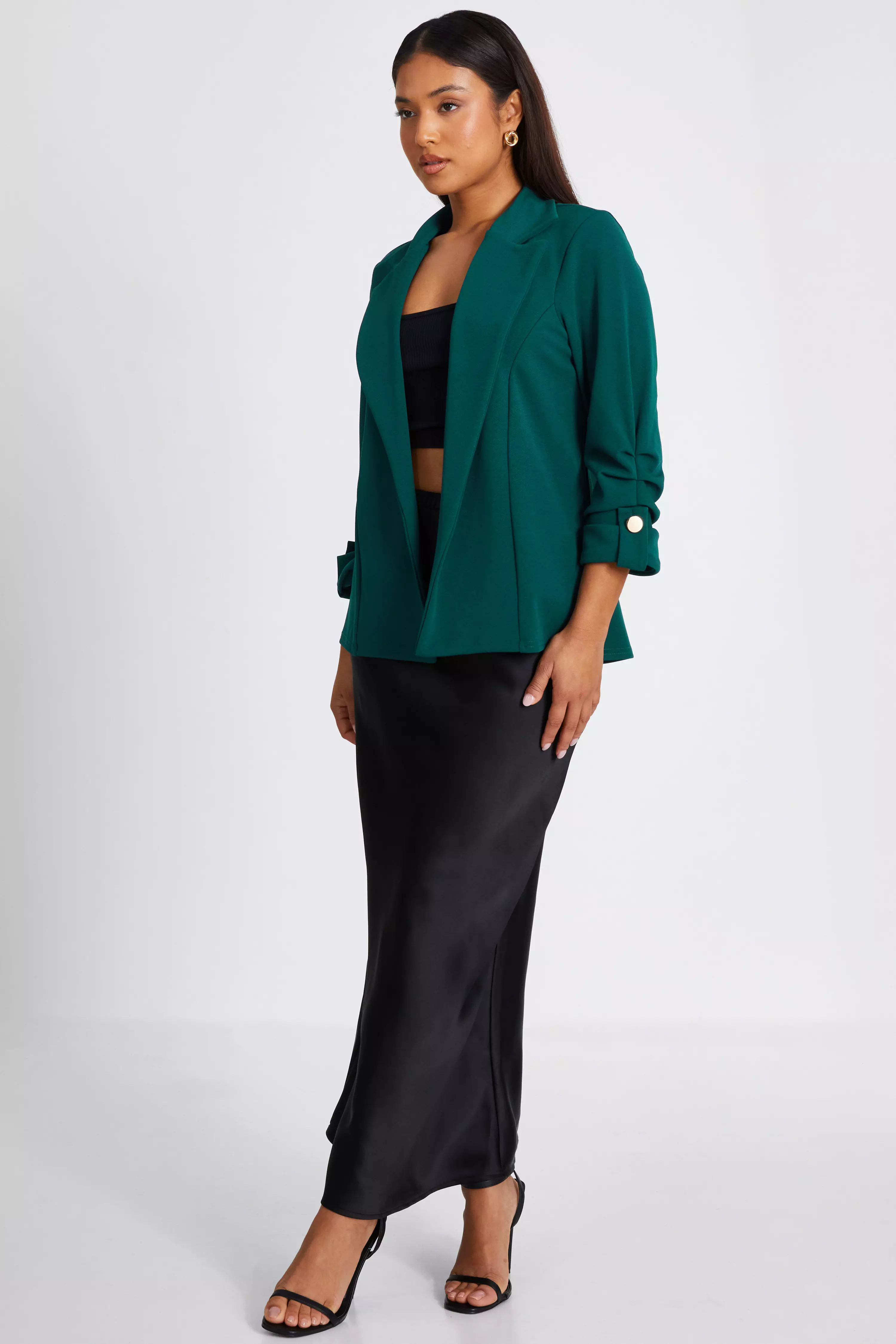 Petite Bottle Green Ruched Sleeve Blazer