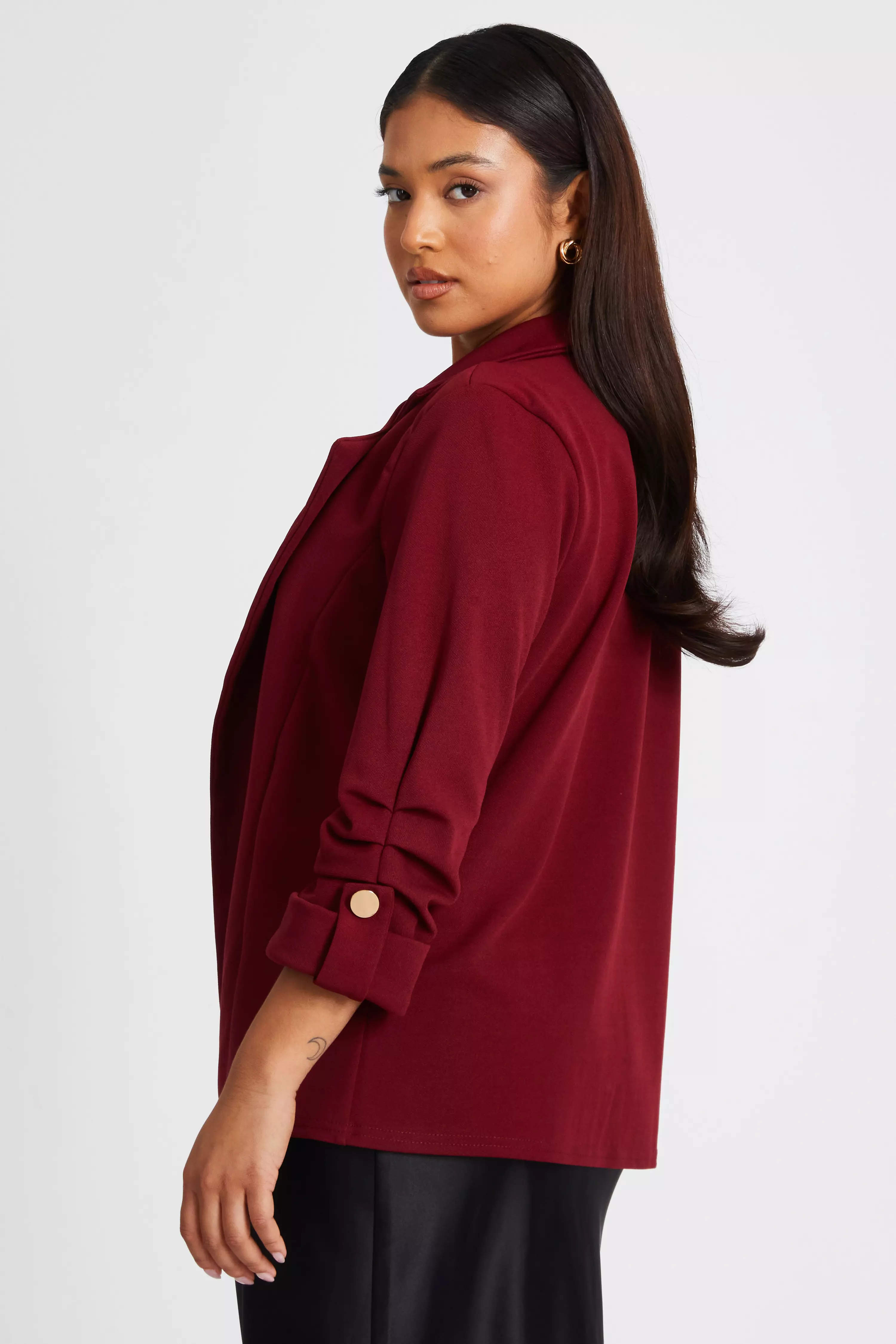 Petite Dark Red Ruched Sleeve Blazer