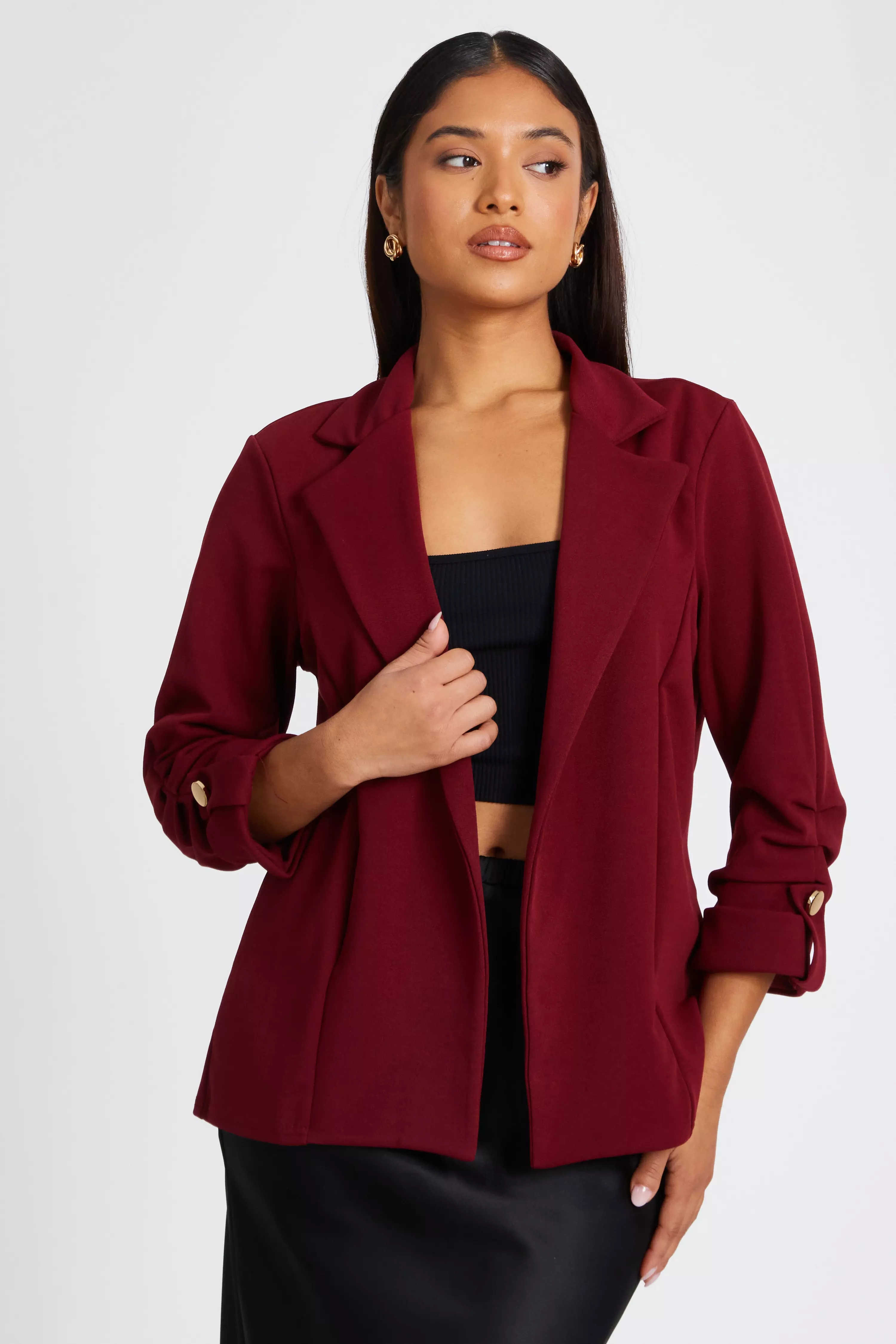 Petite Dark Red Ruched Sleeve Blazer