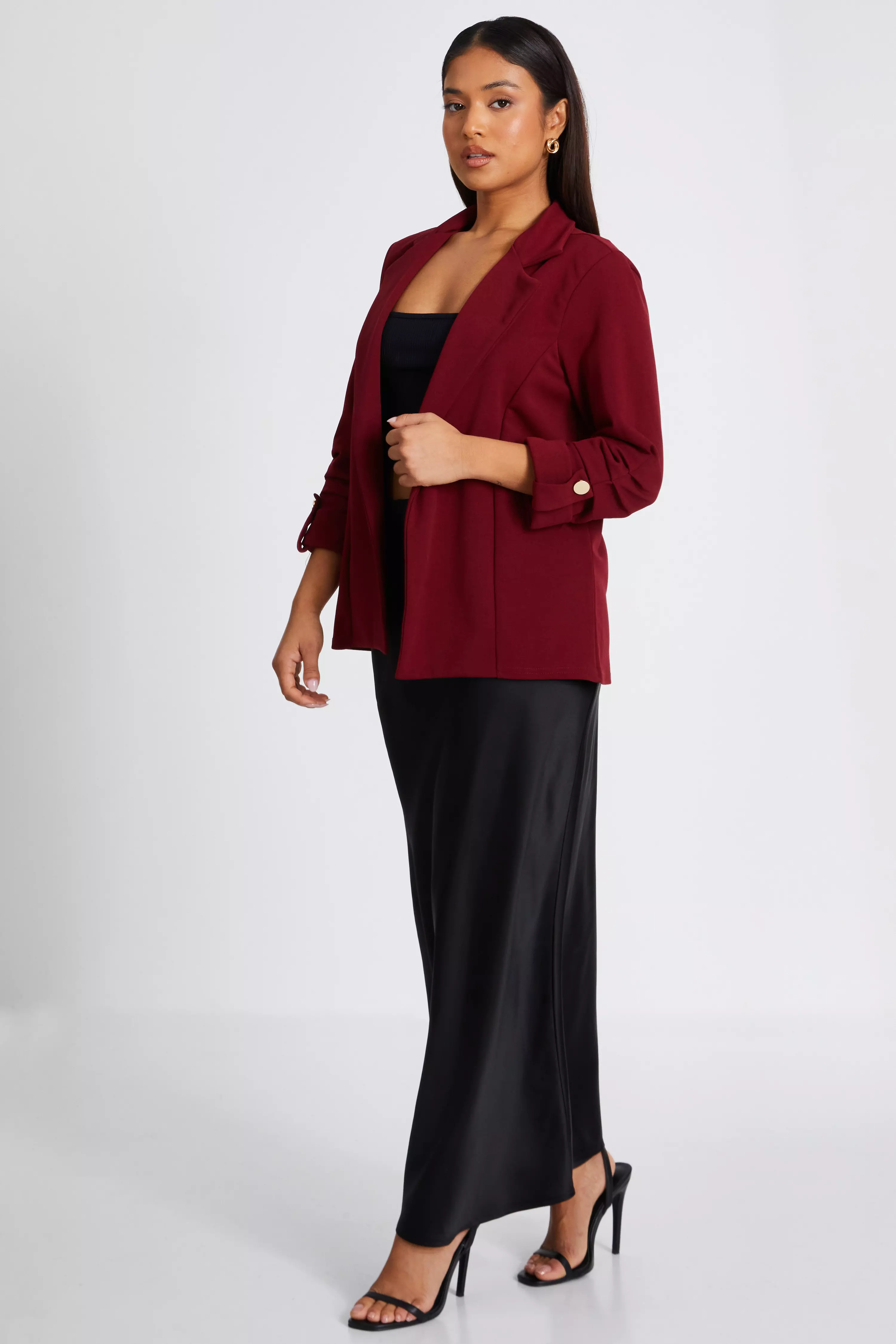 Petite Dark Red Ruched Sleeve Blazer