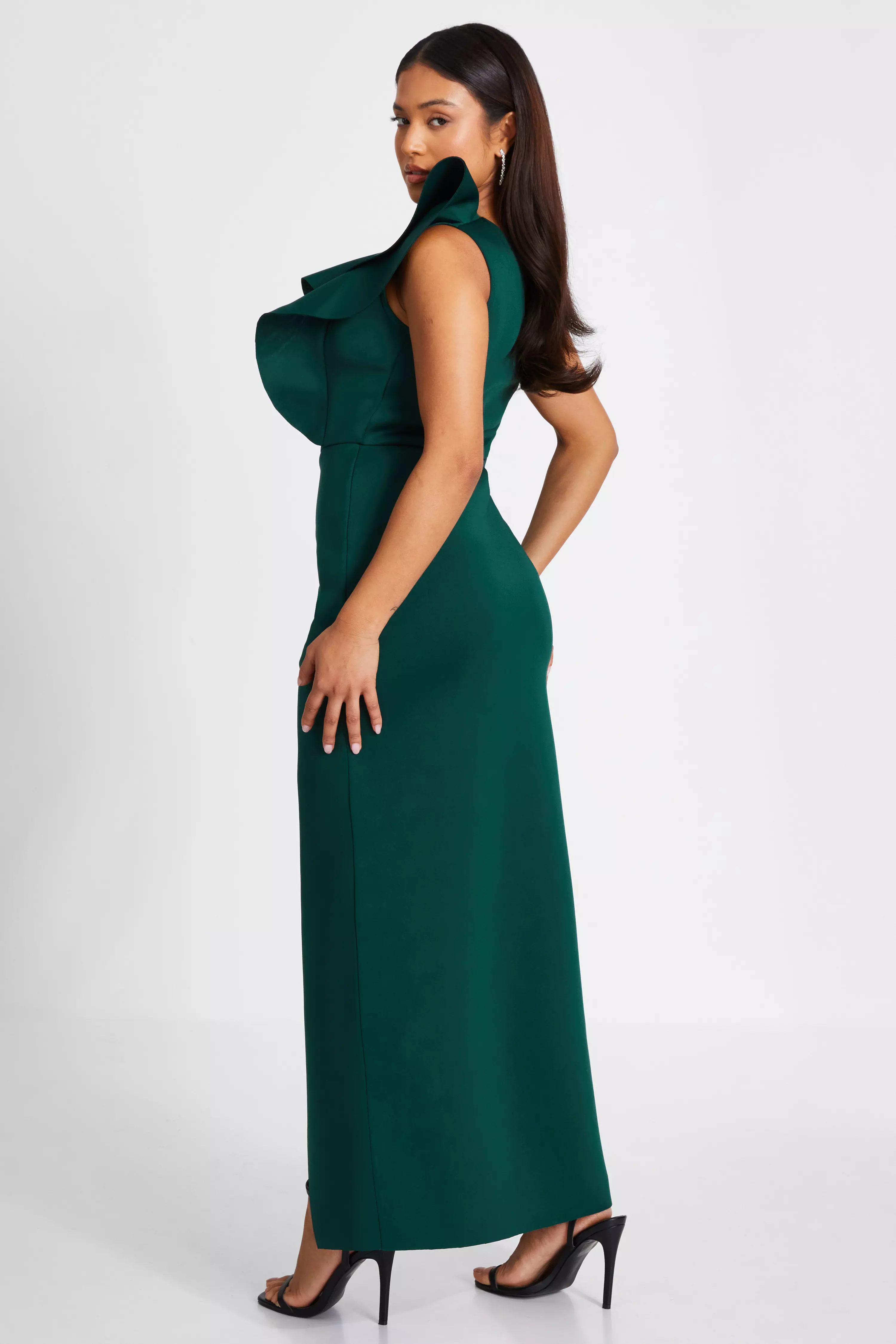 Petite Bottle Green Ruffle Shoulder Dress