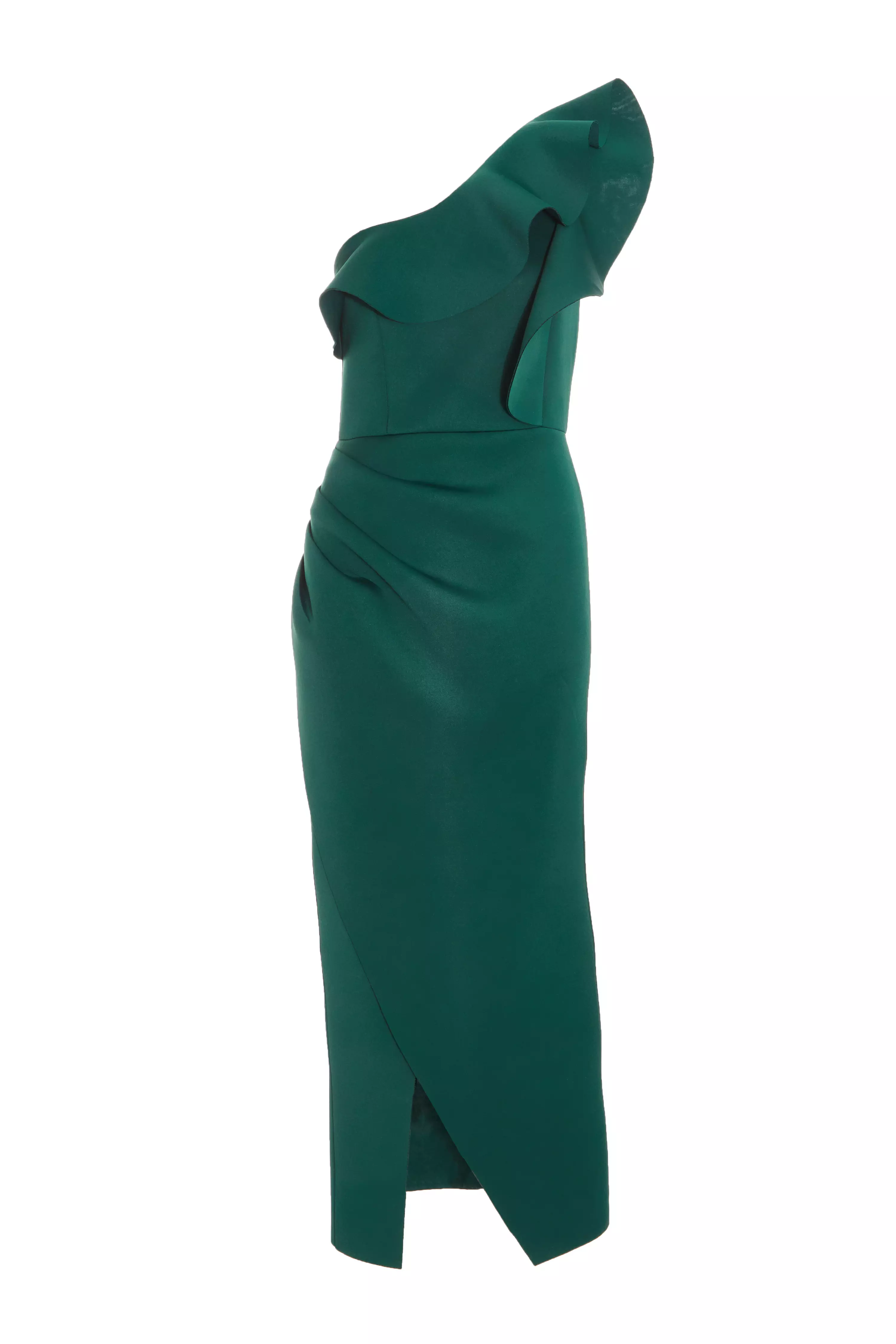 Petite Bottle Green Ruffle Shoulder Dress