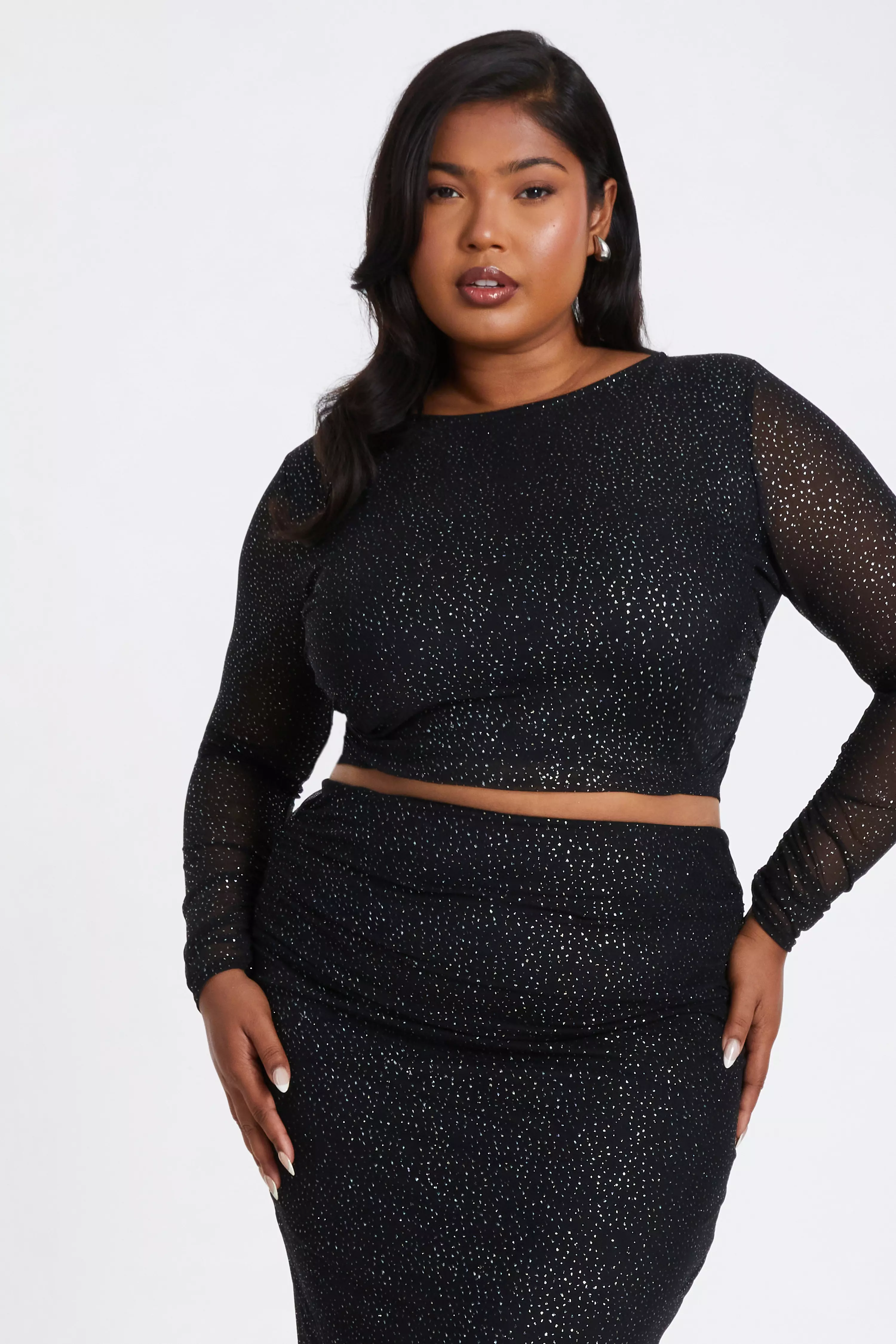 Curve Black Glitter Mesh Long Sleeve Top