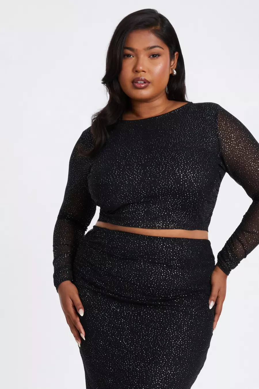 Curve Black Glitter Mesh Long Sleeve Top QUIZ Clothing