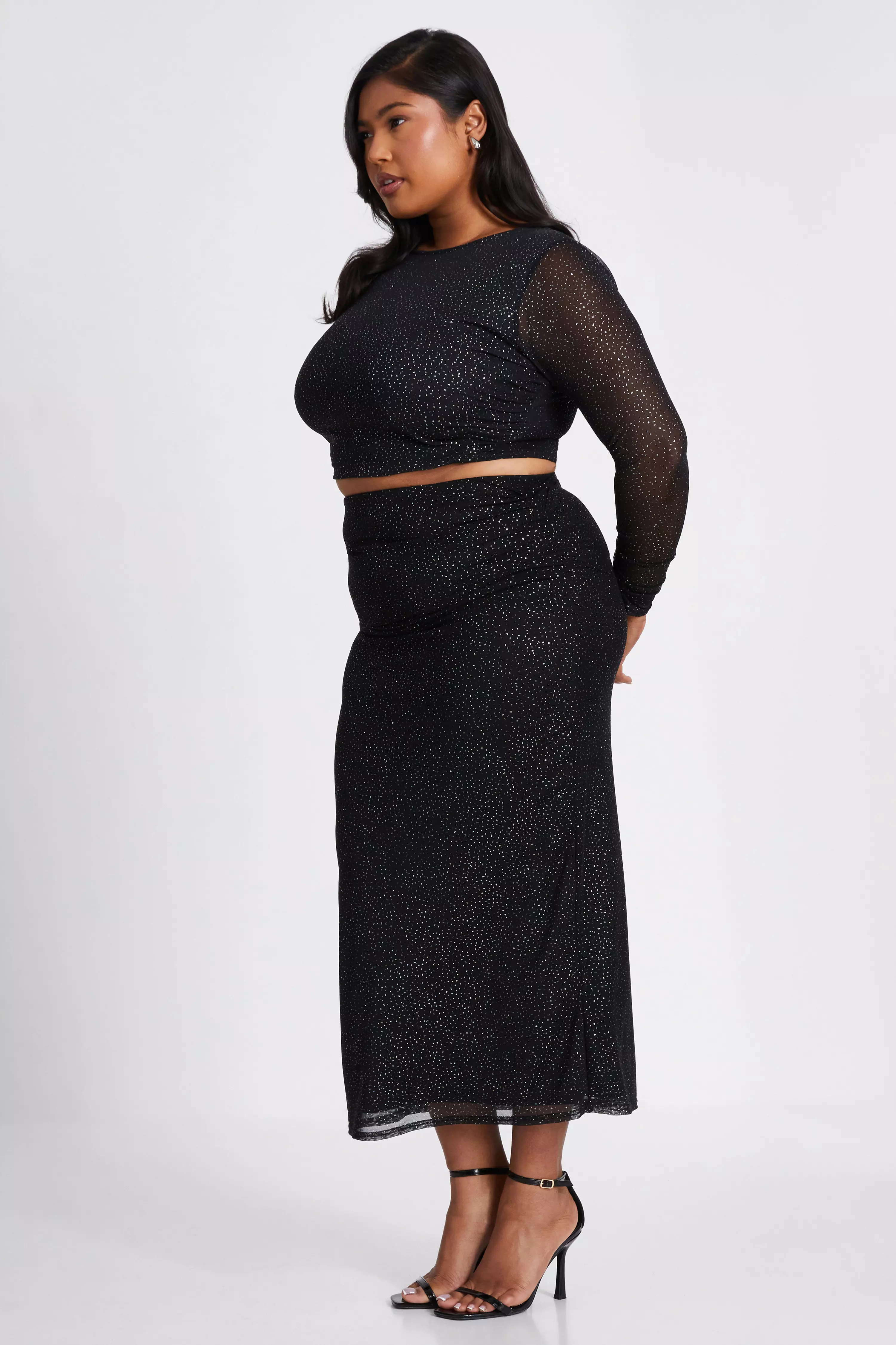 Curve Black Glitter Mesh Midaxi Skirt