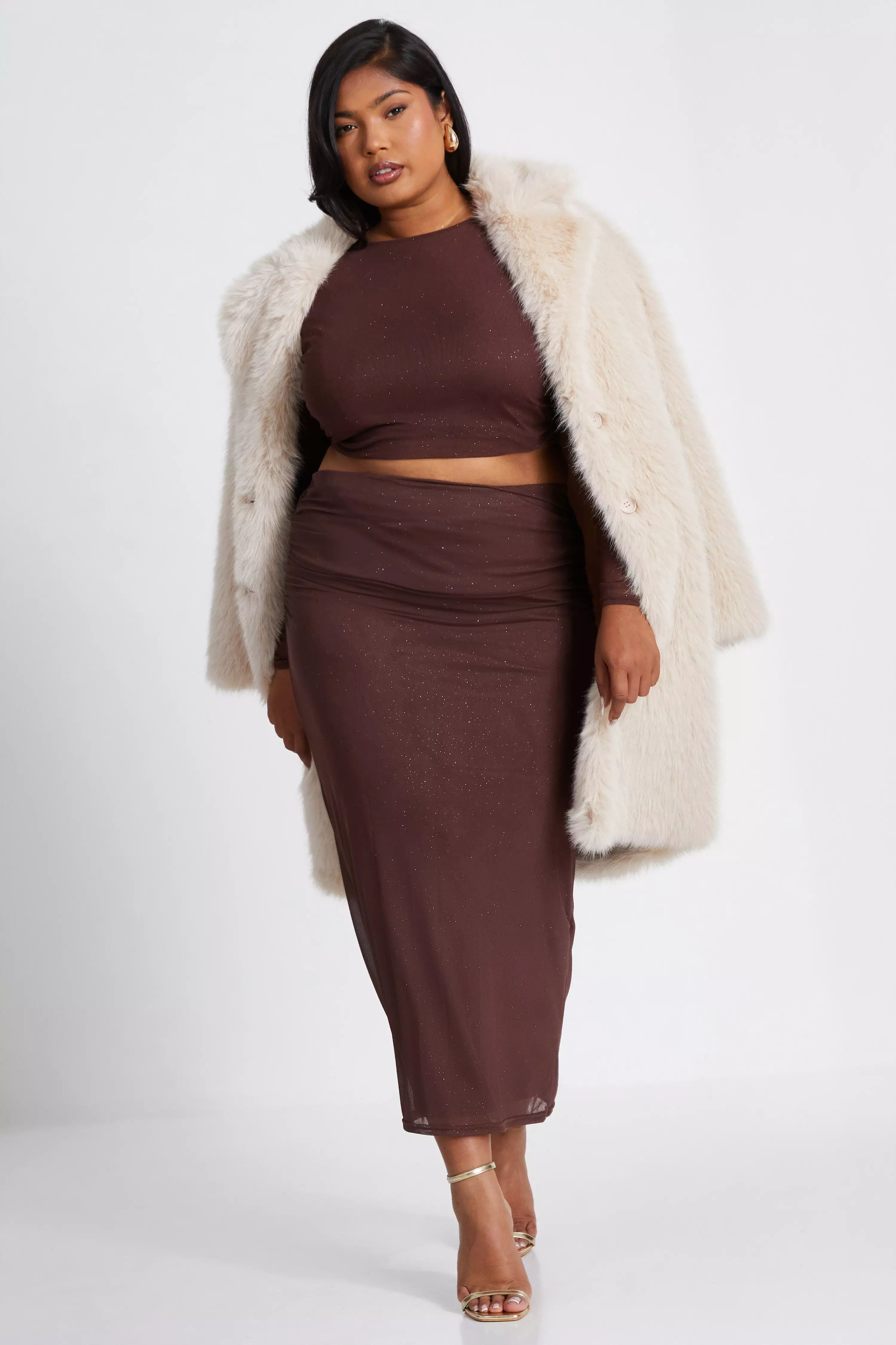 Curve Brown Glitter Mesh Midaxi Skirt