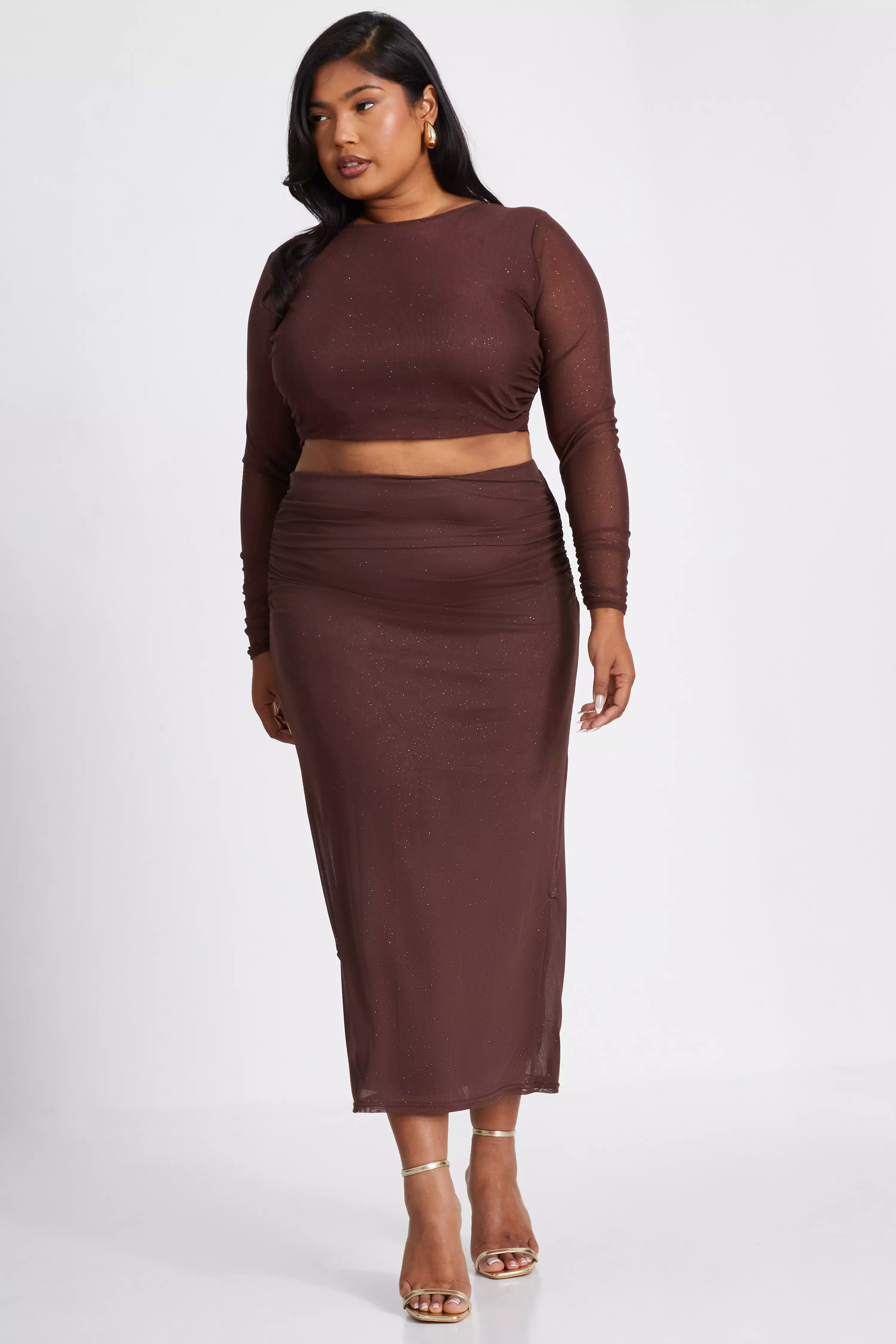 Curve Brown Glitter Mesh Midaxi Skirt