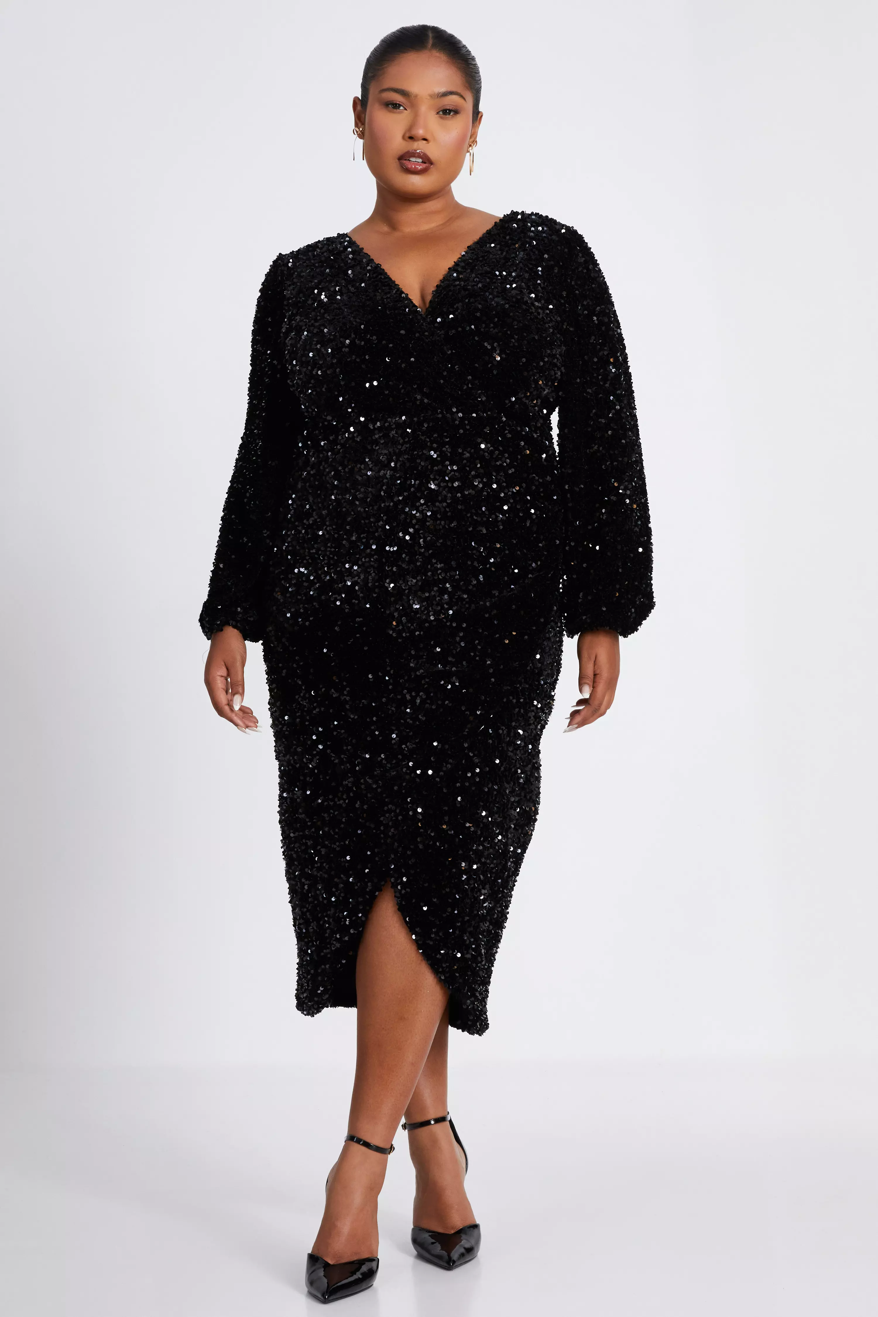 Curve Black Sequin Midi Dress 