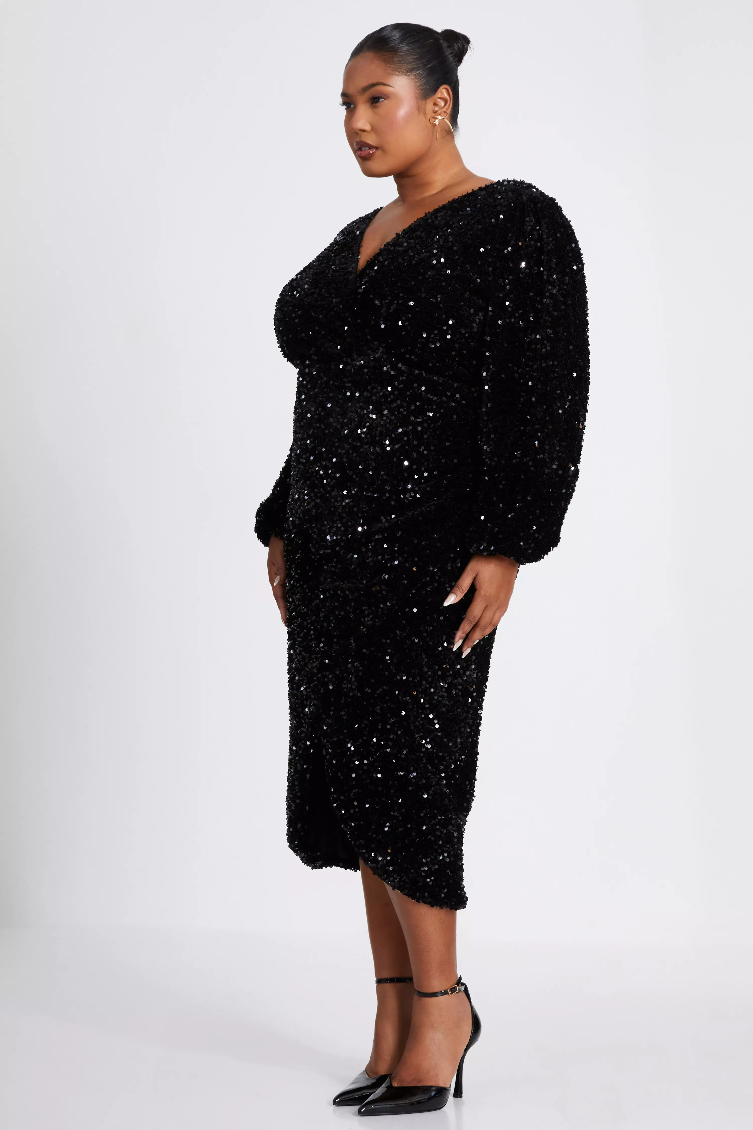 Curve Black Sequin Midi Dress 