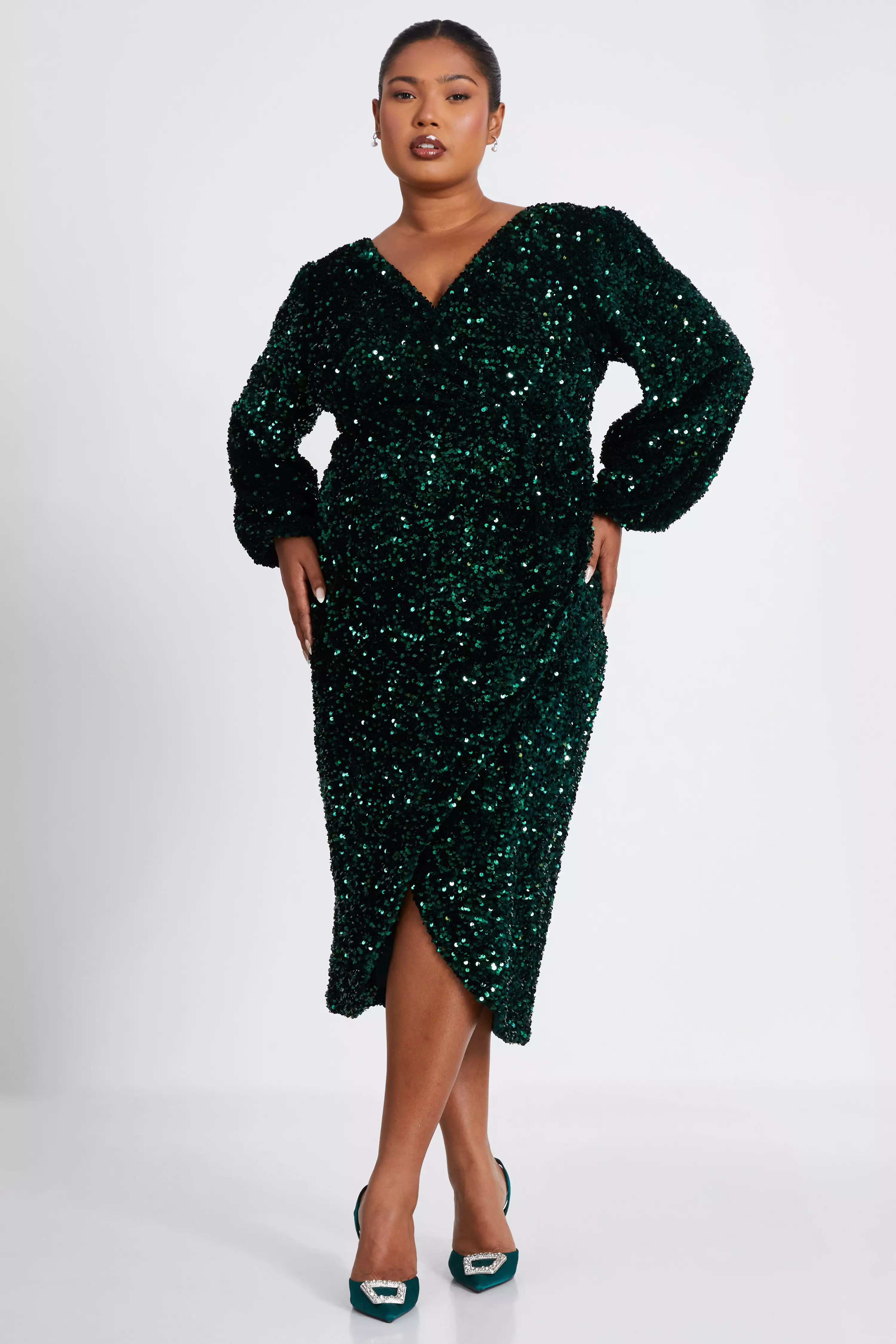 Curve Bottle Green Sequin Midi Dress 