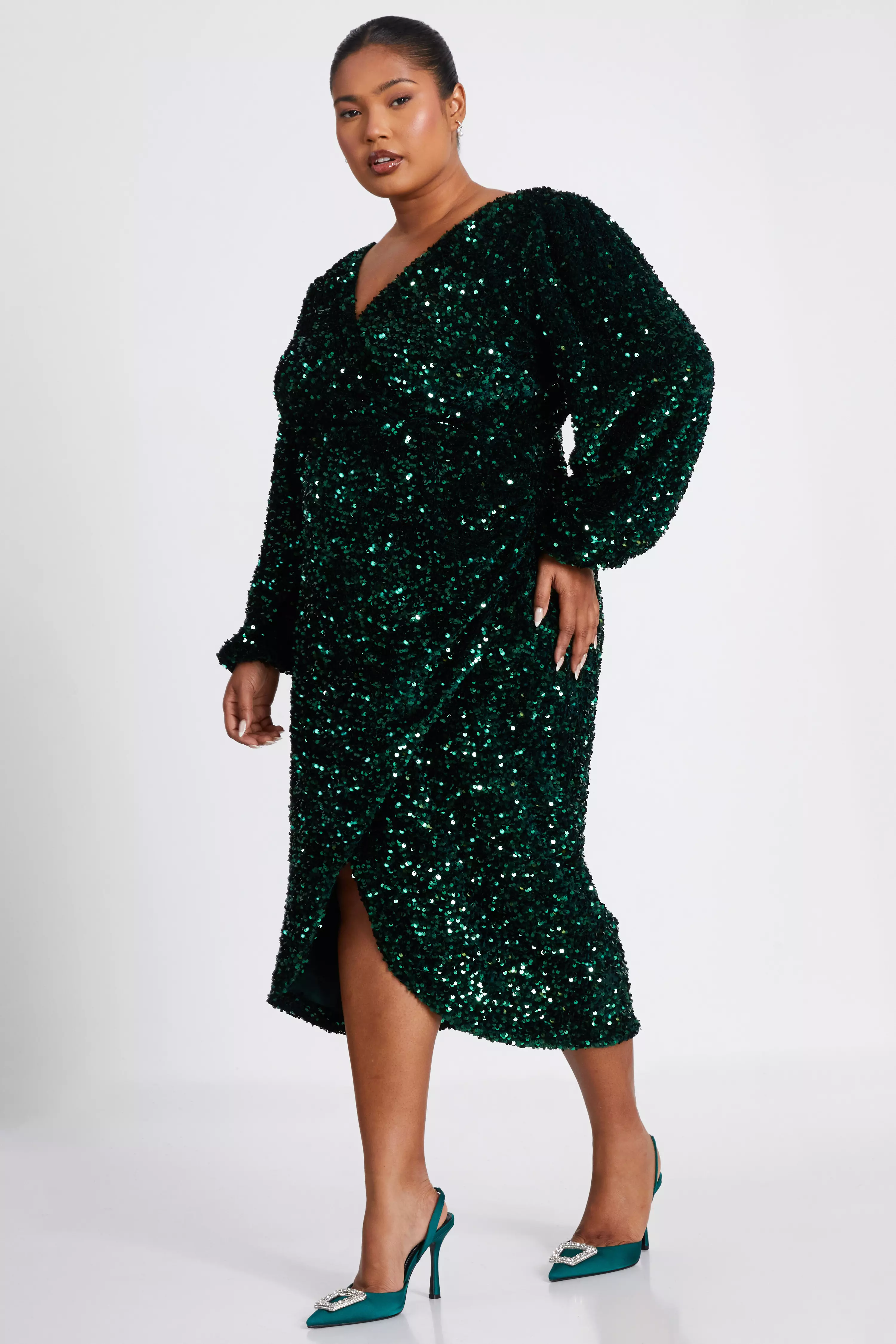 Curve Bottle Green Sequin Midi Dress 