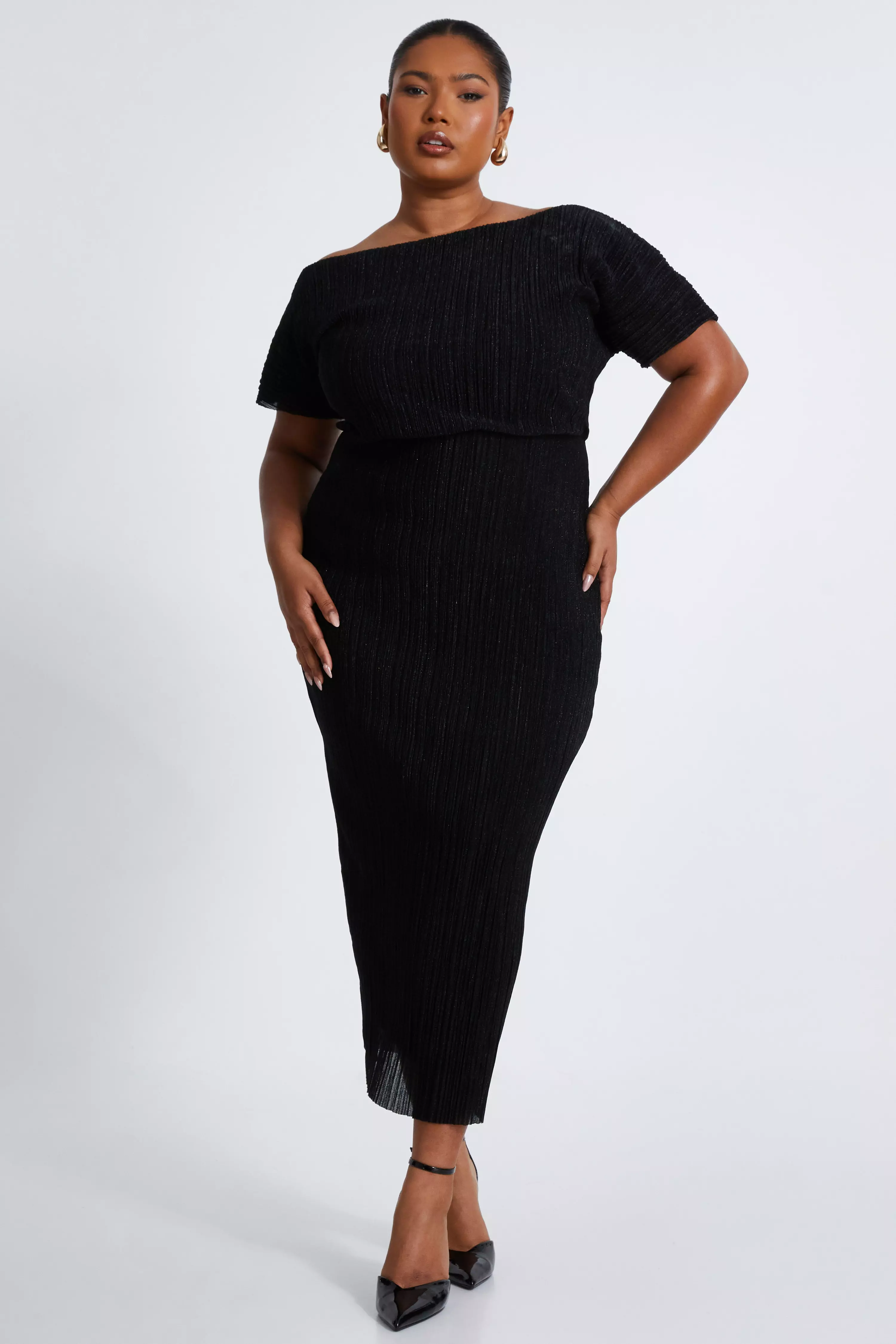 Curve Black Pleated Midi Dress