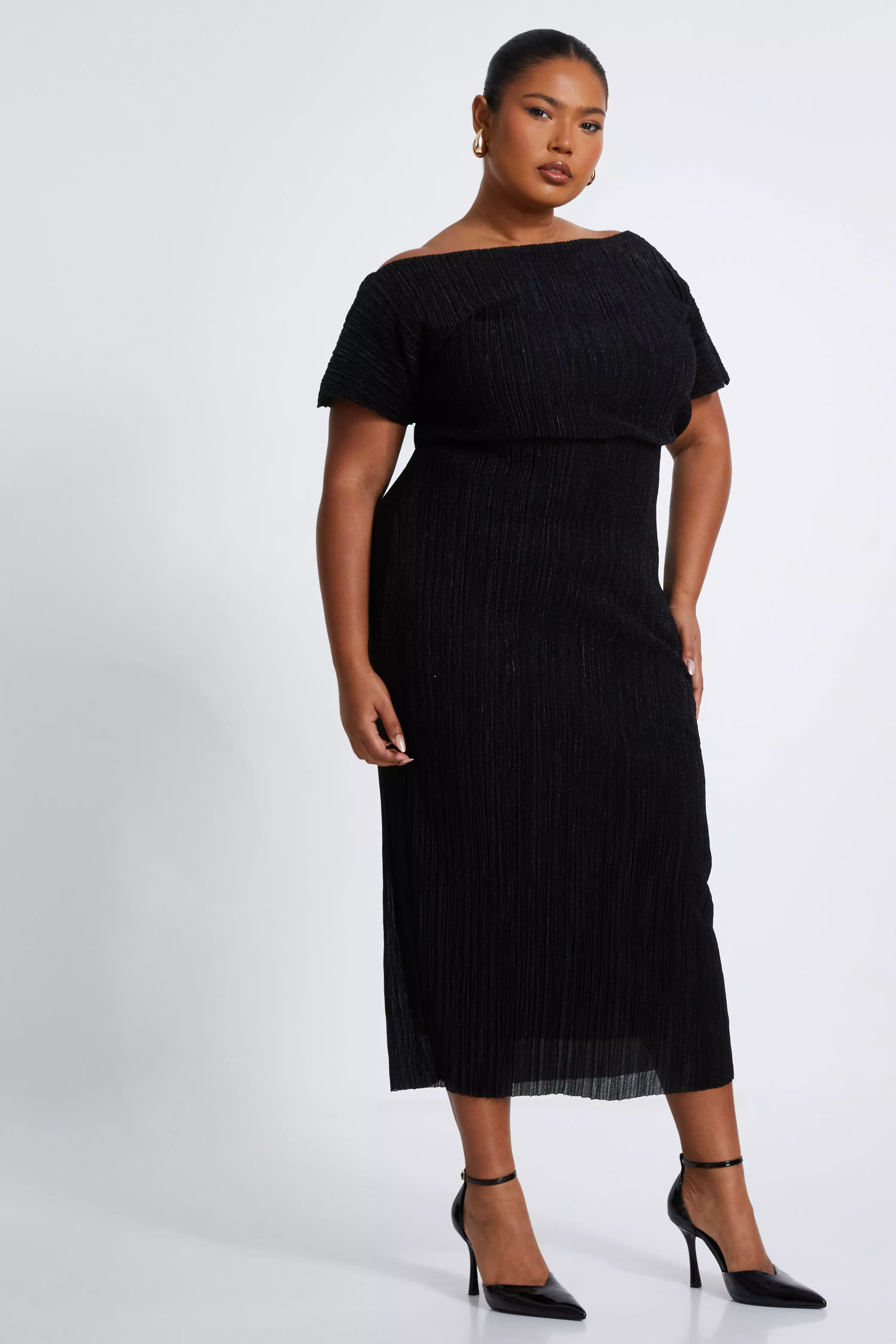 Curve Black Pleated Midi Dress