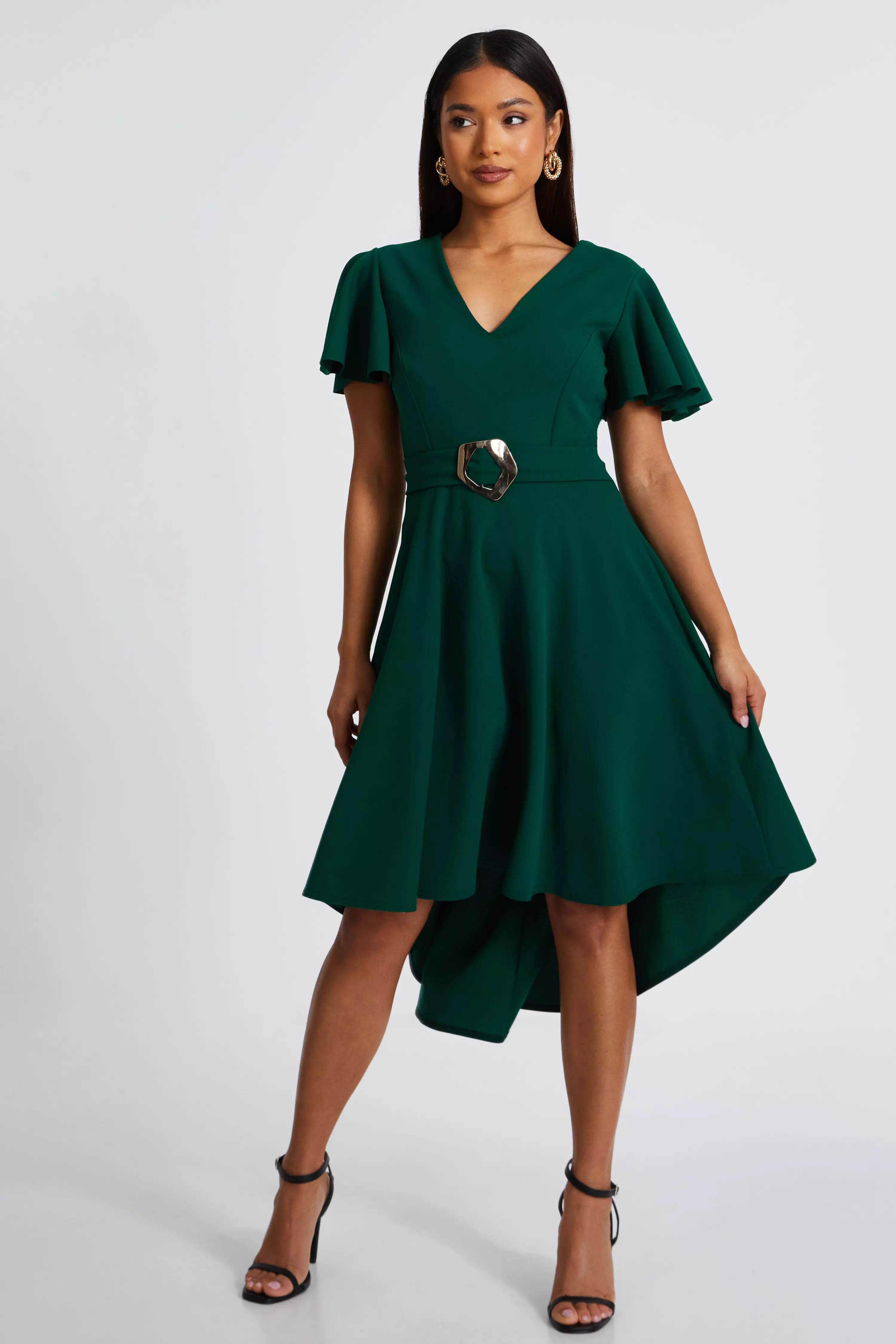 Petite Bottle Green Dip Hem Dress