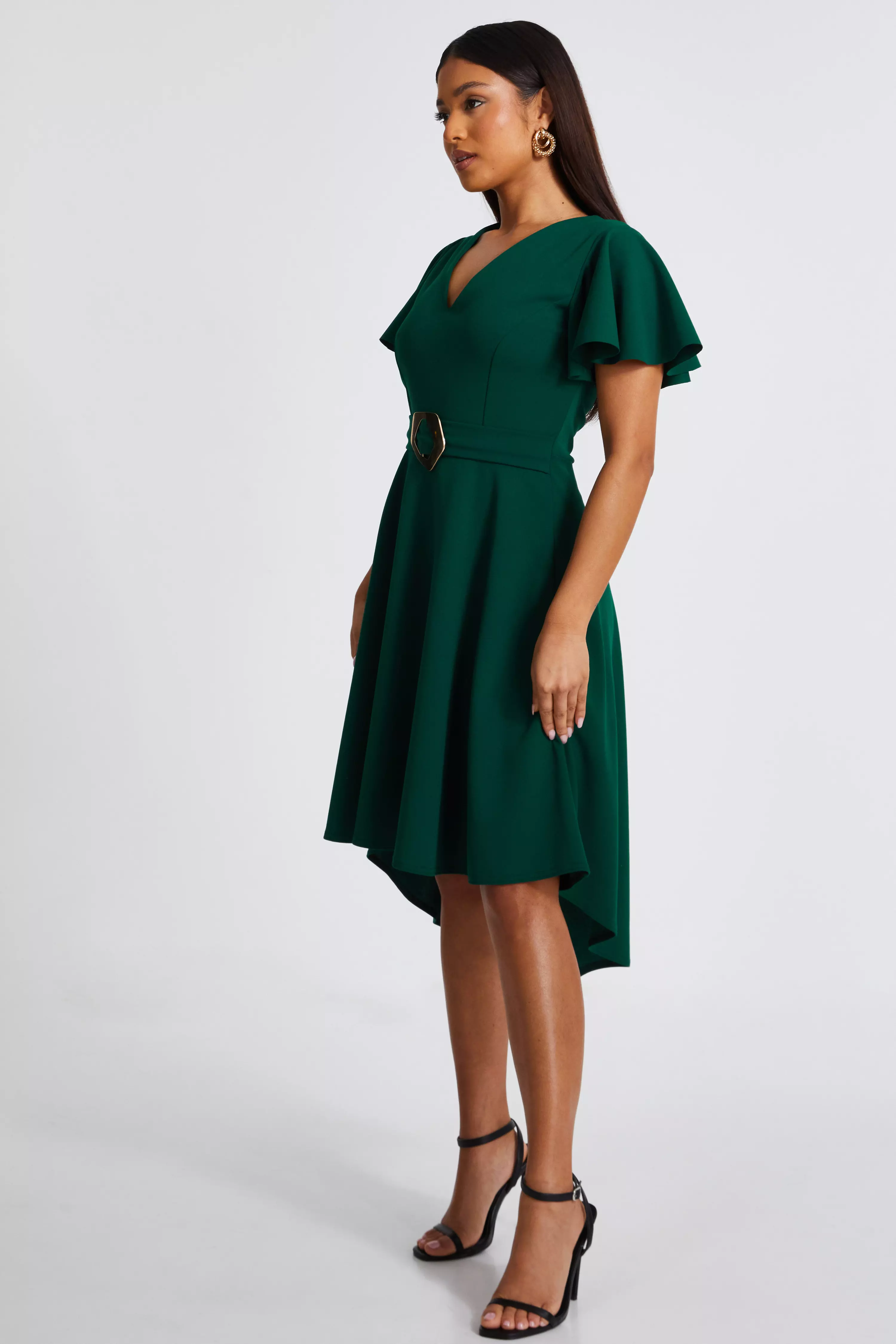 Petite Bottle Green Dip Hem Dress