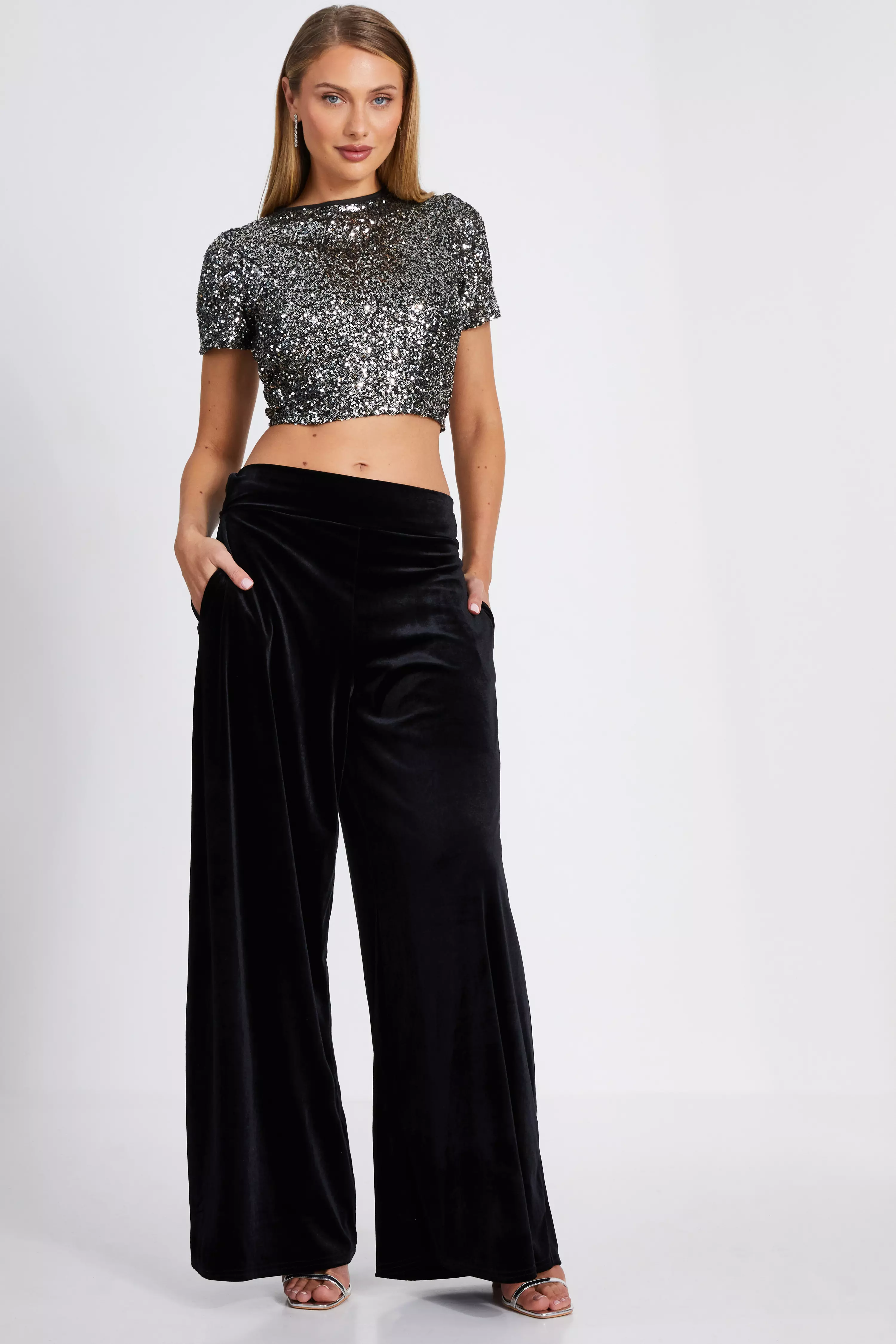 Black Wide Leg Velvet Trouser