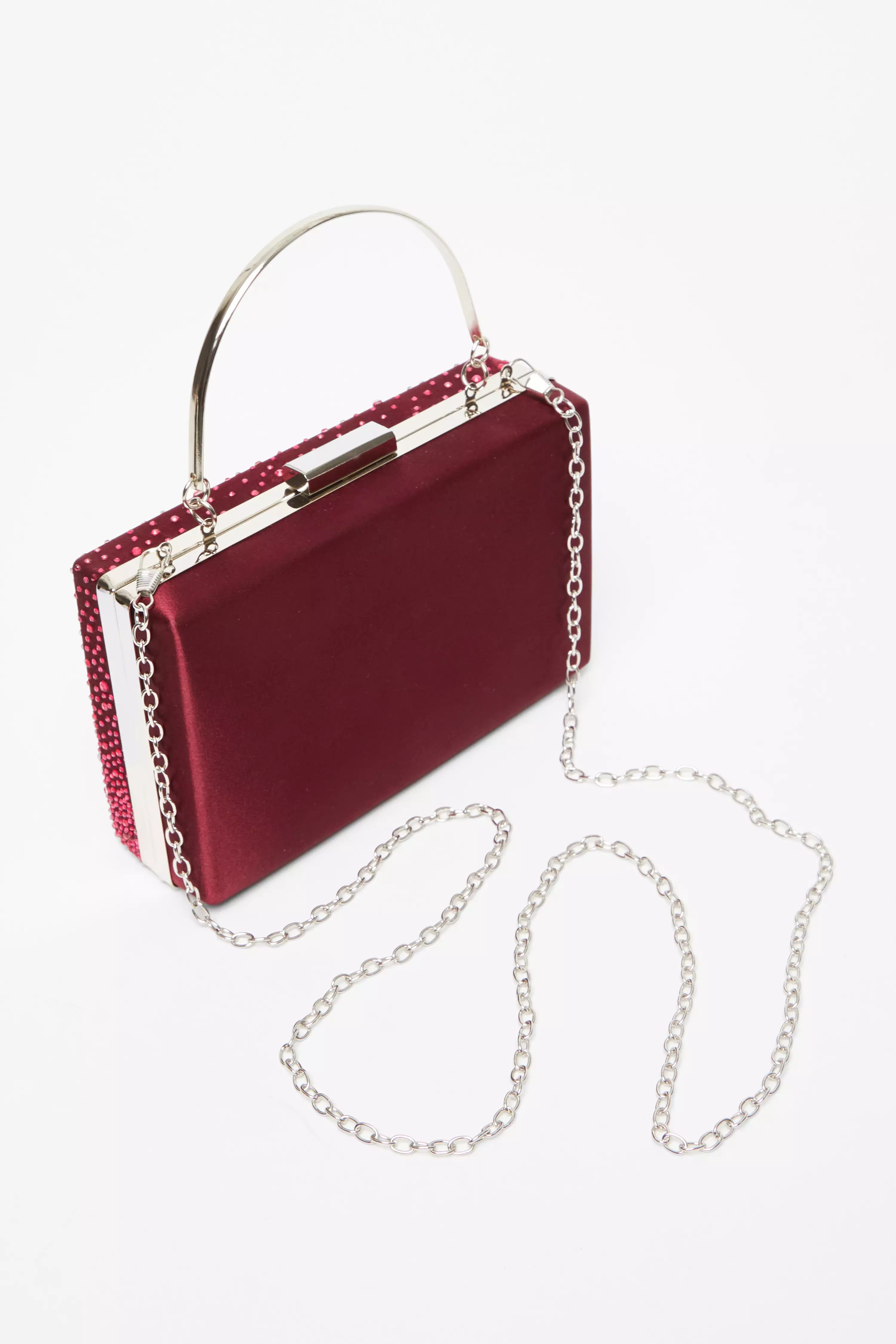 Dark Red Scattered Diamante Box Bag
