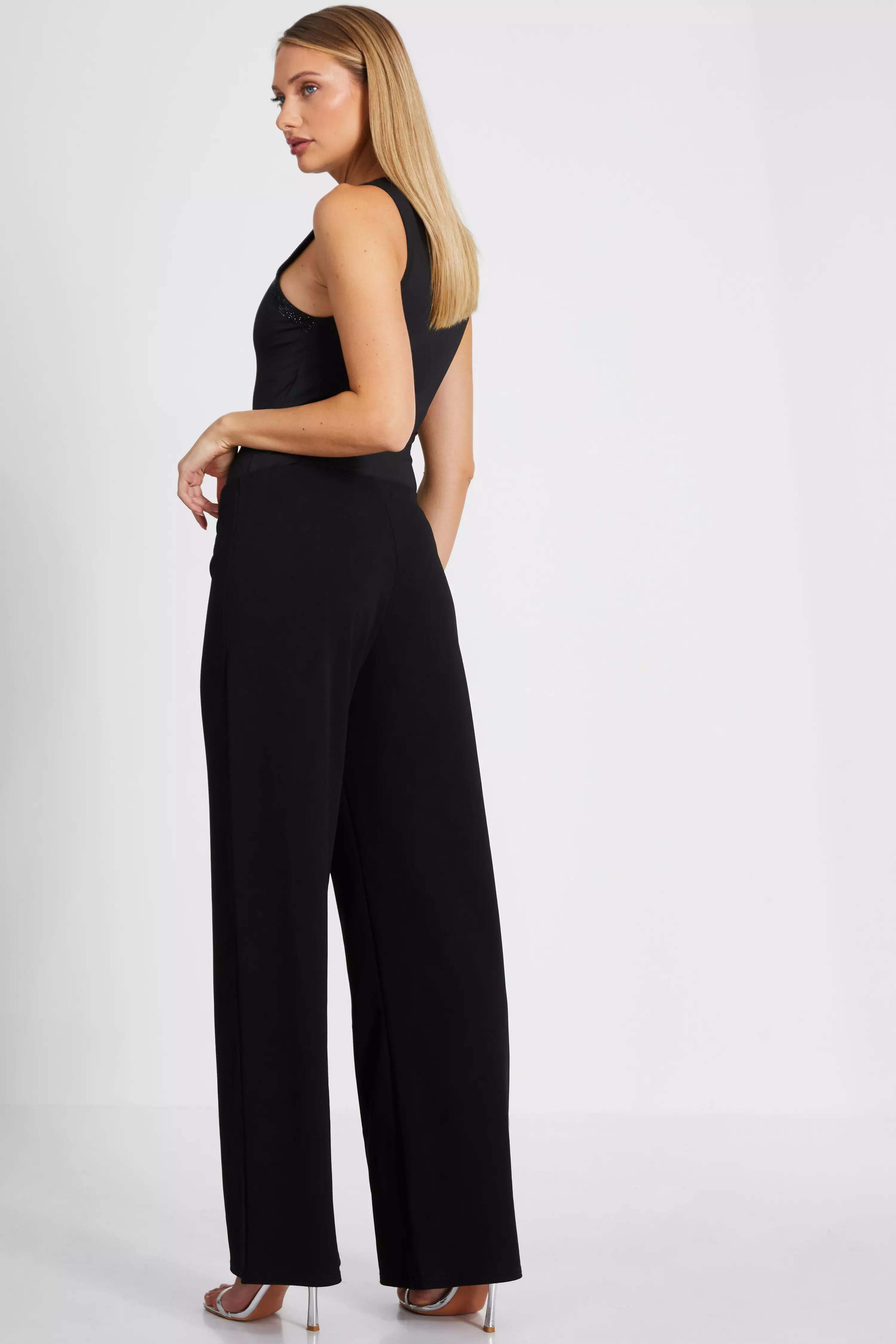 Black Diamante Button Palazzo Trousers