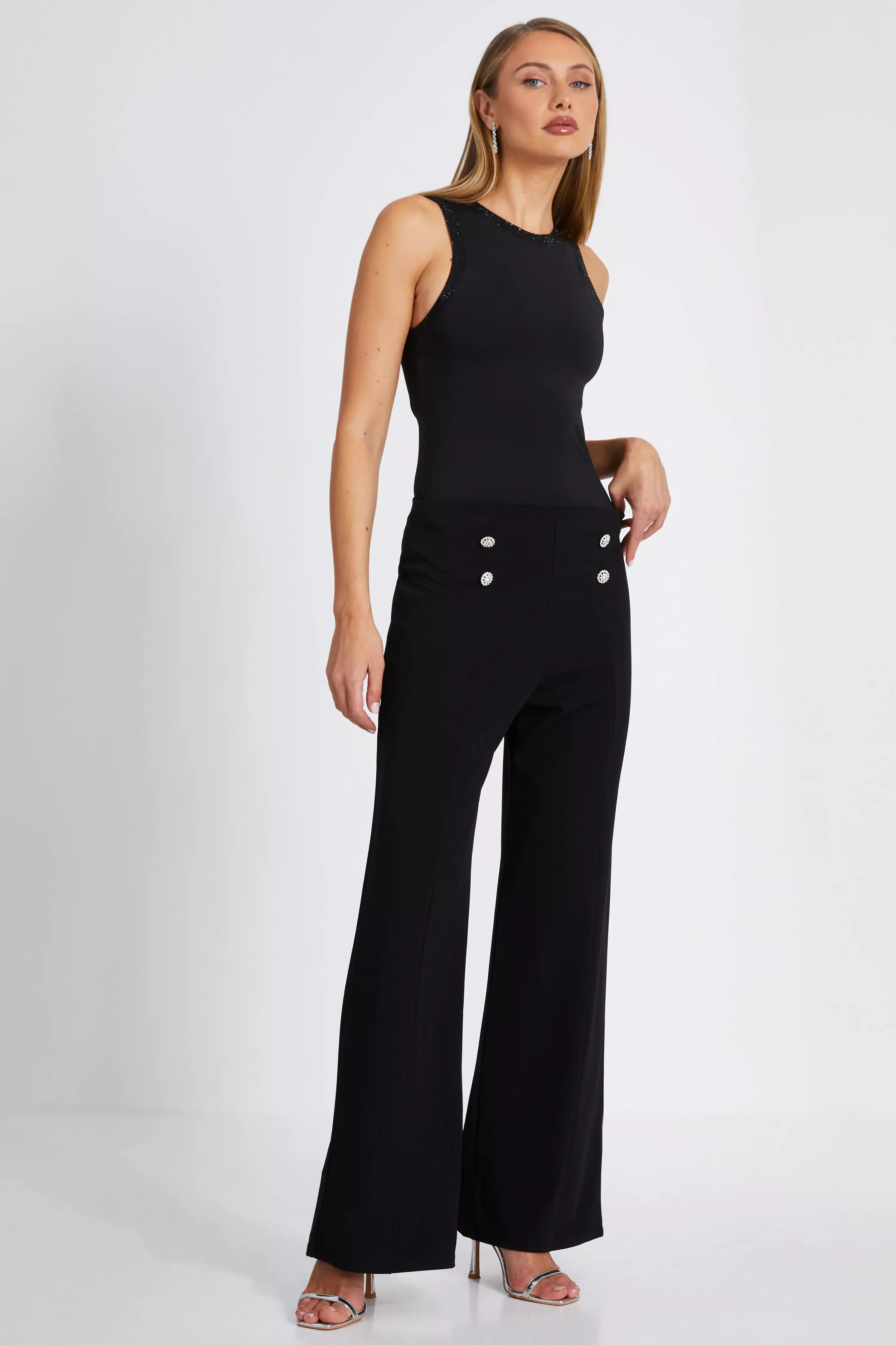 Black Diamante Button Palazzo Trousers