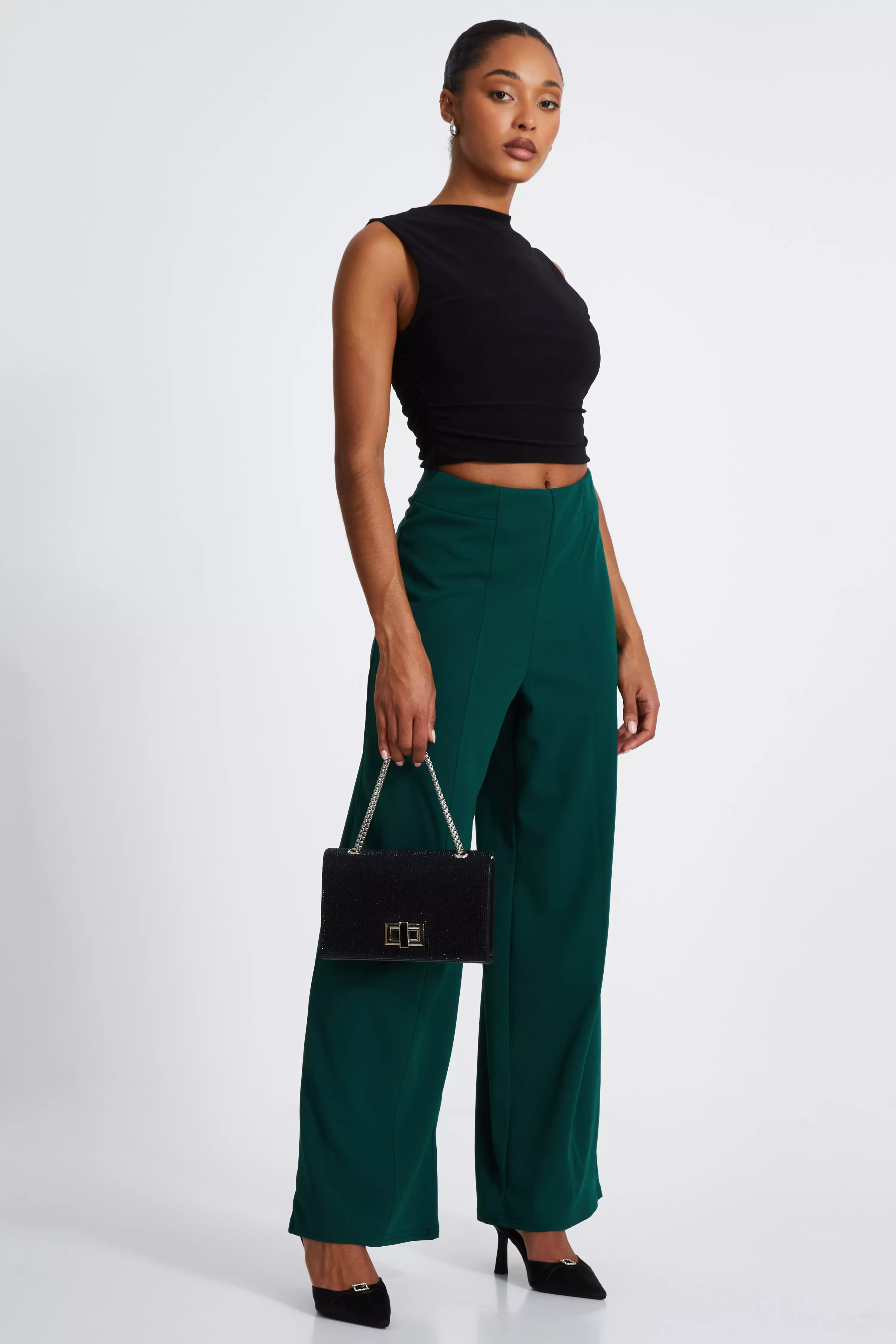 Bottle Green Wide Leg Trousers