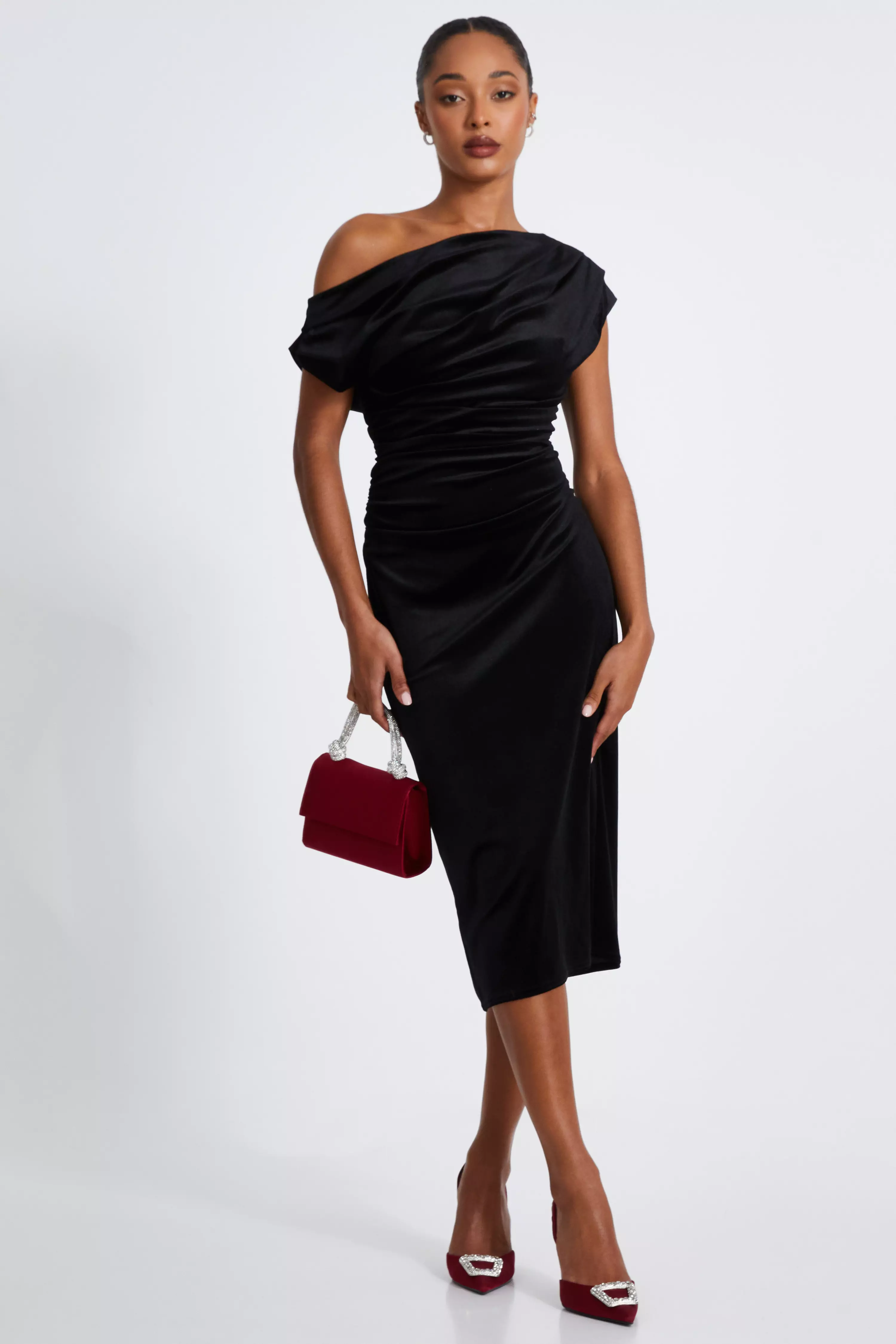 Black Velvet One Shoulder Midaxi Dress