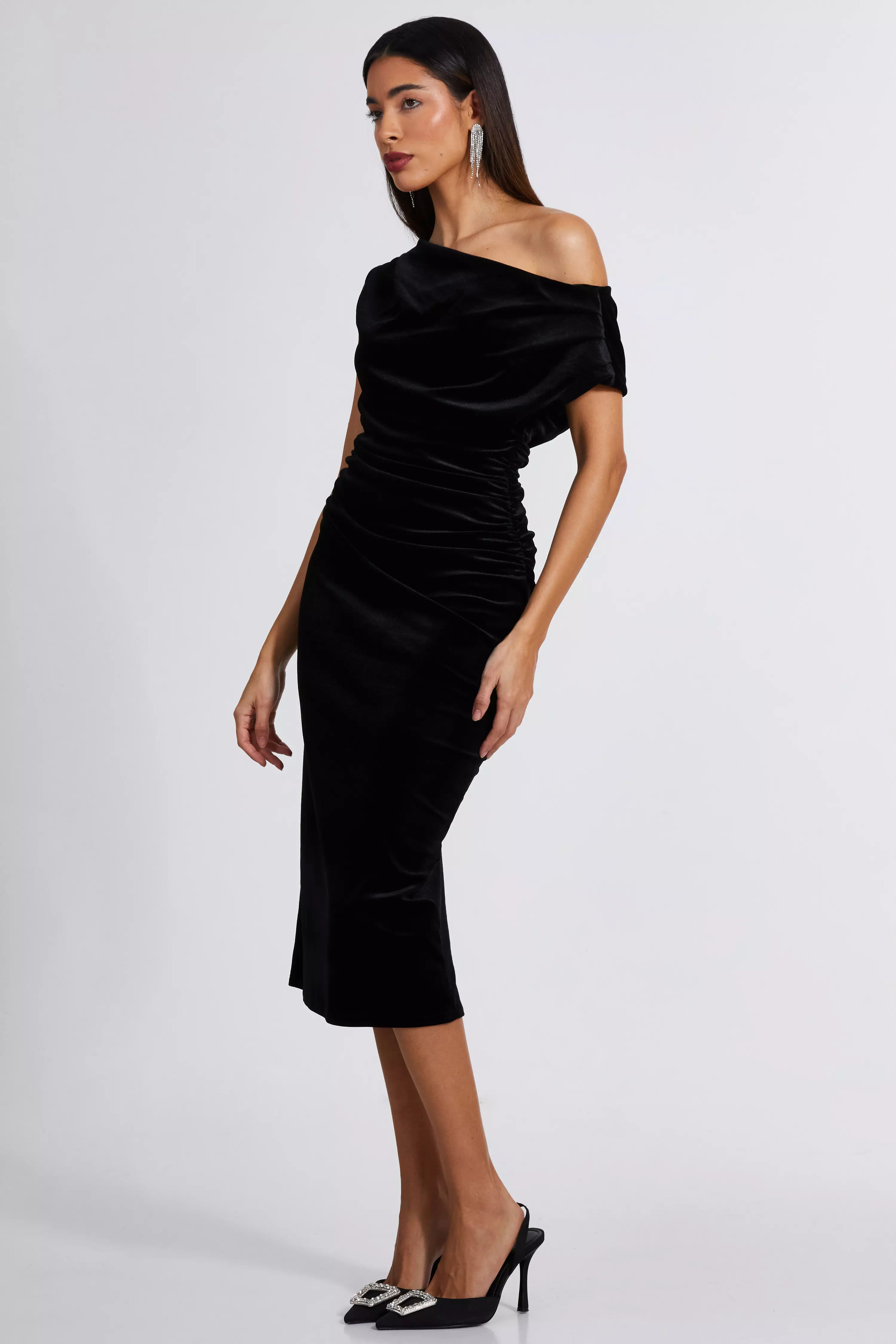 Black Velvet One Shoulder Midaxi Dress