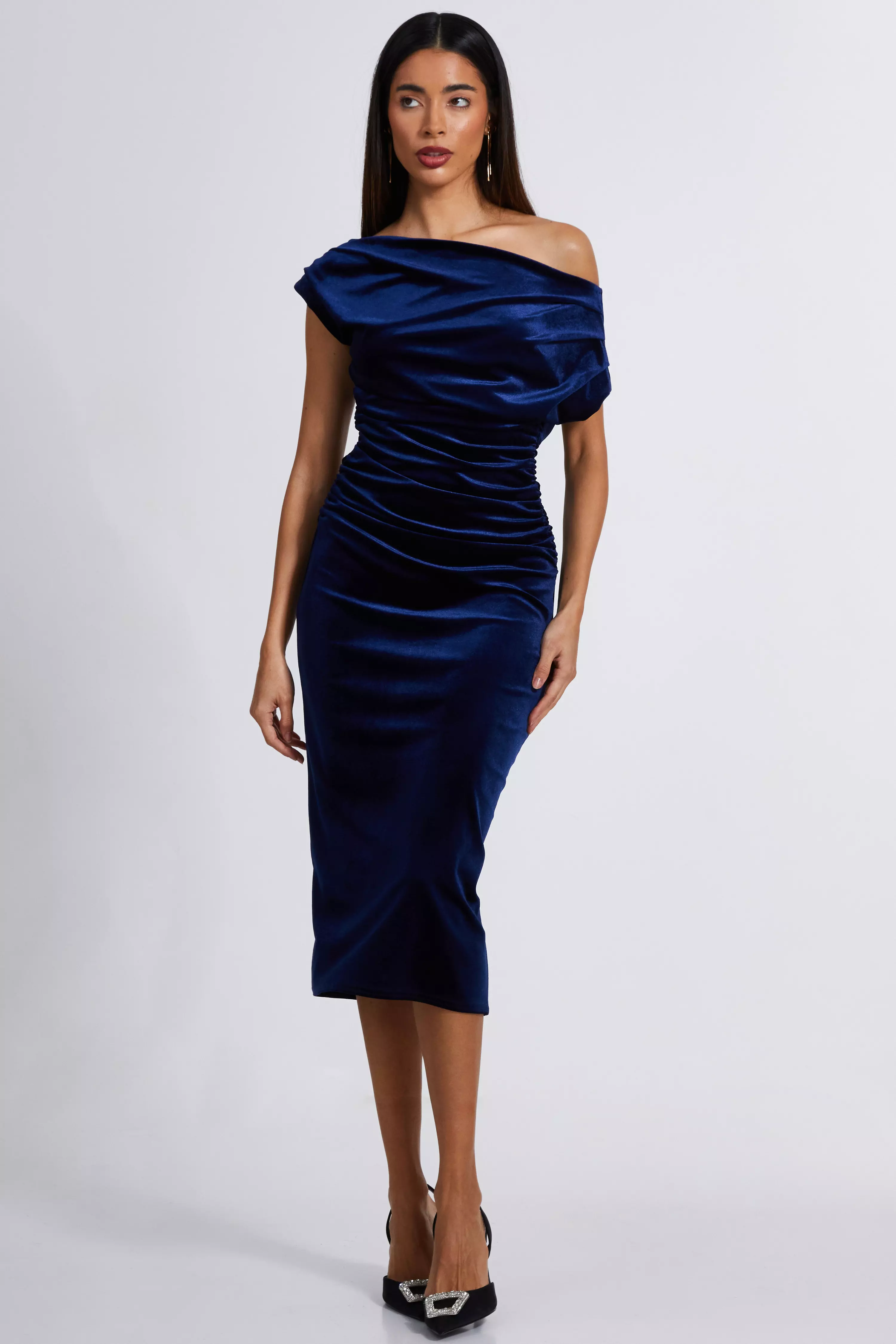 Navy Velvet One Shoulder Midaxi Dress