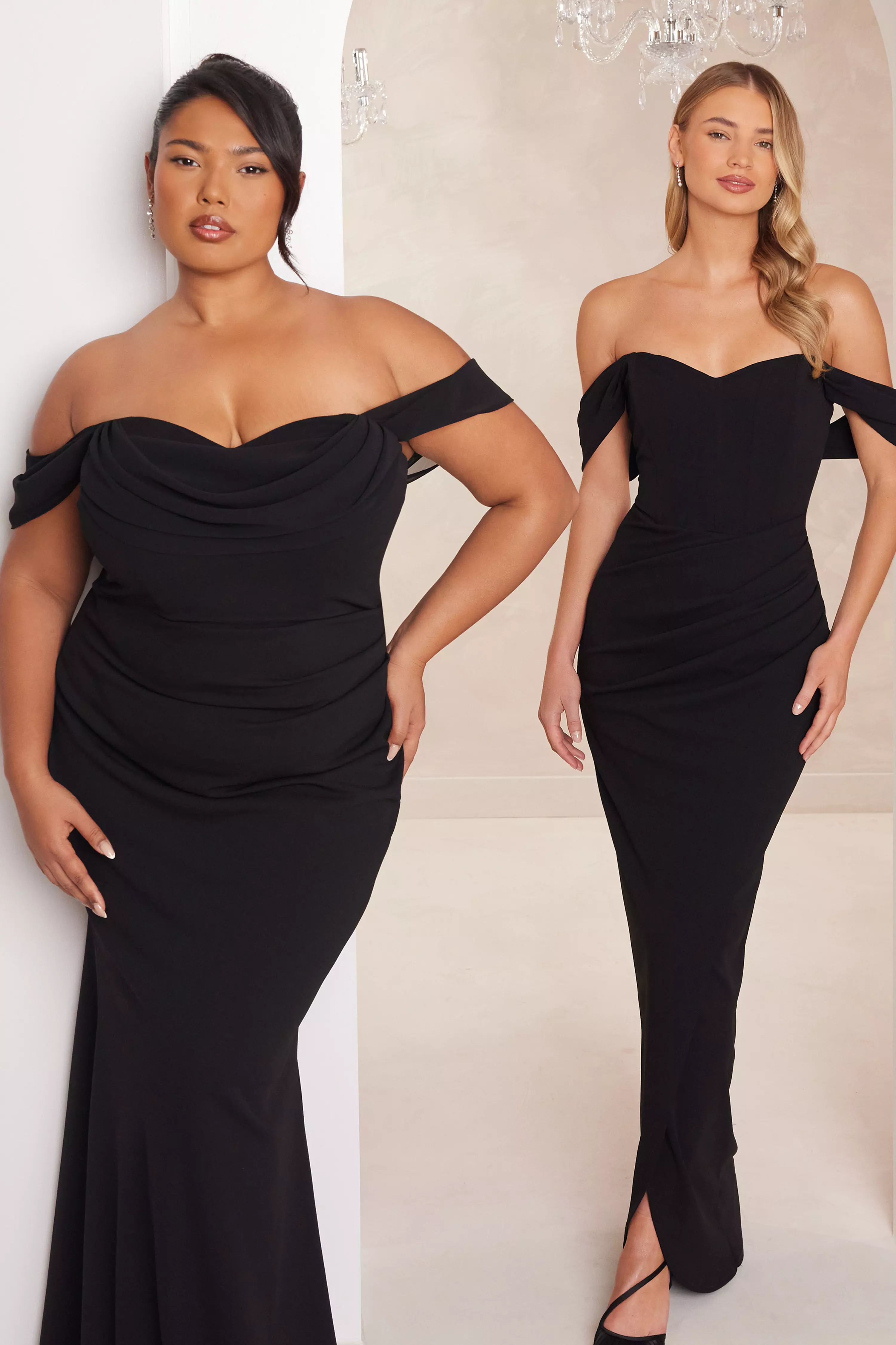 Black Chiffon Bardot Maxi Dress