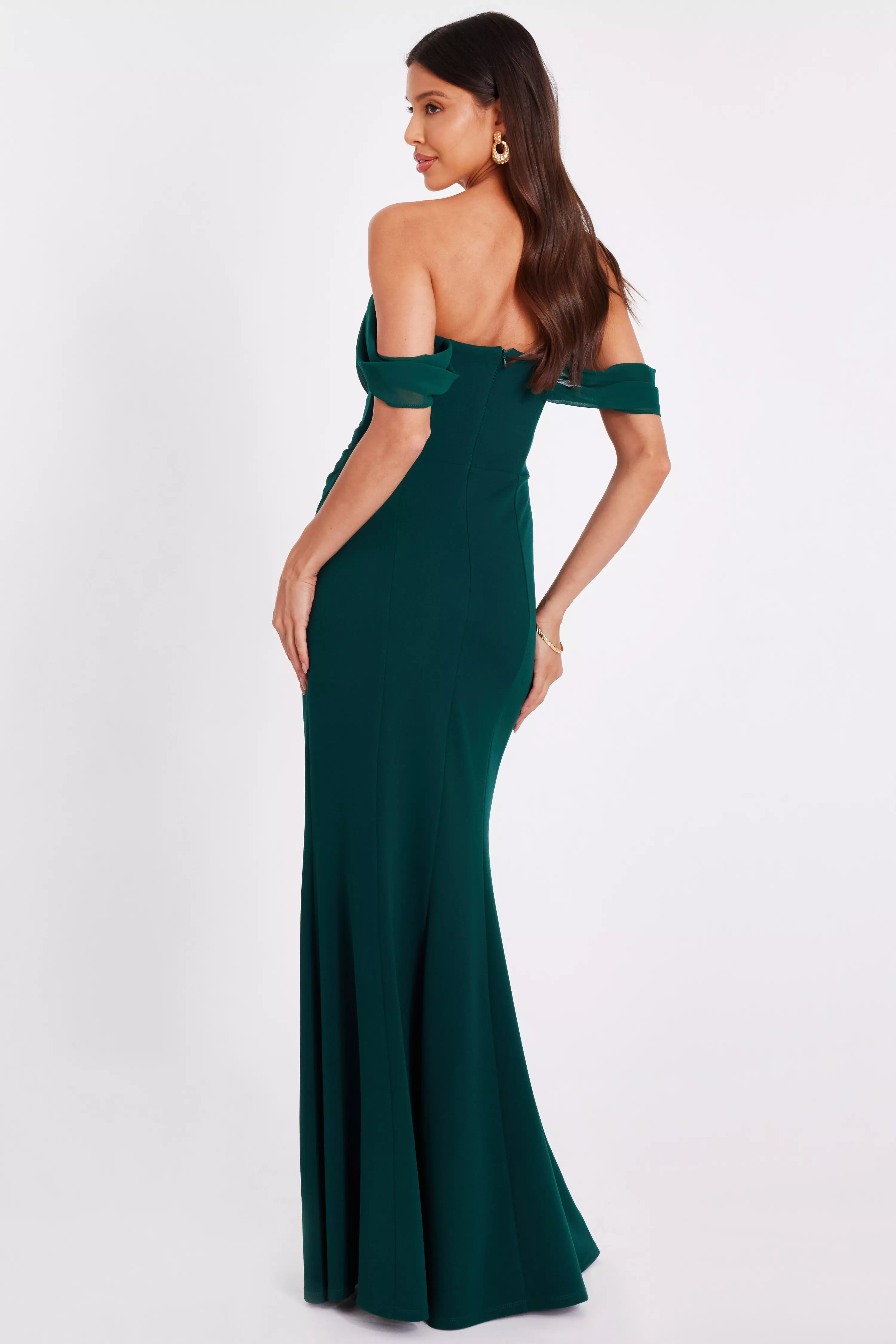Bottle Green Chiffon Bardot Maxi Dress