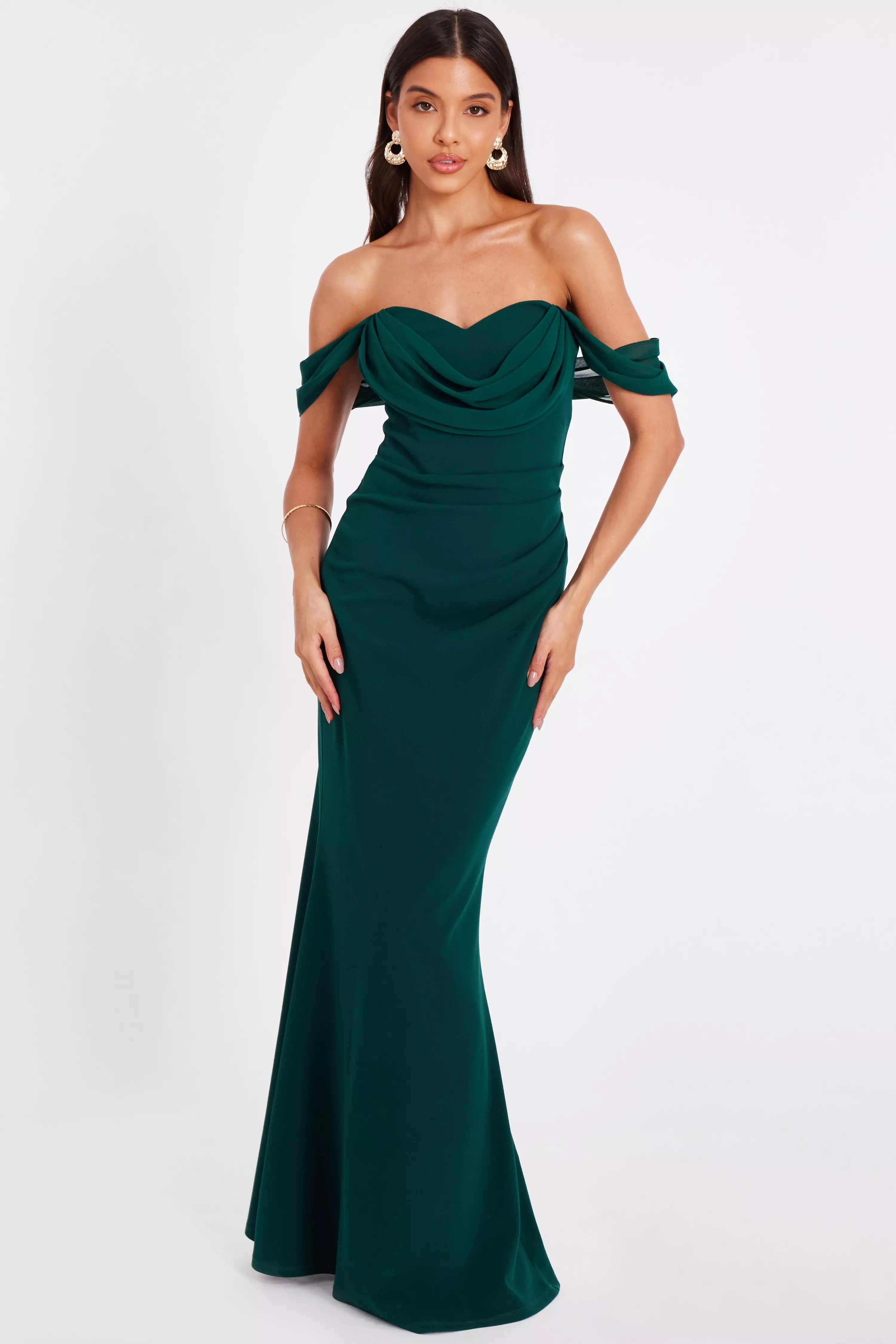 Bottle Green Chiffon Bardot Maxi Dress