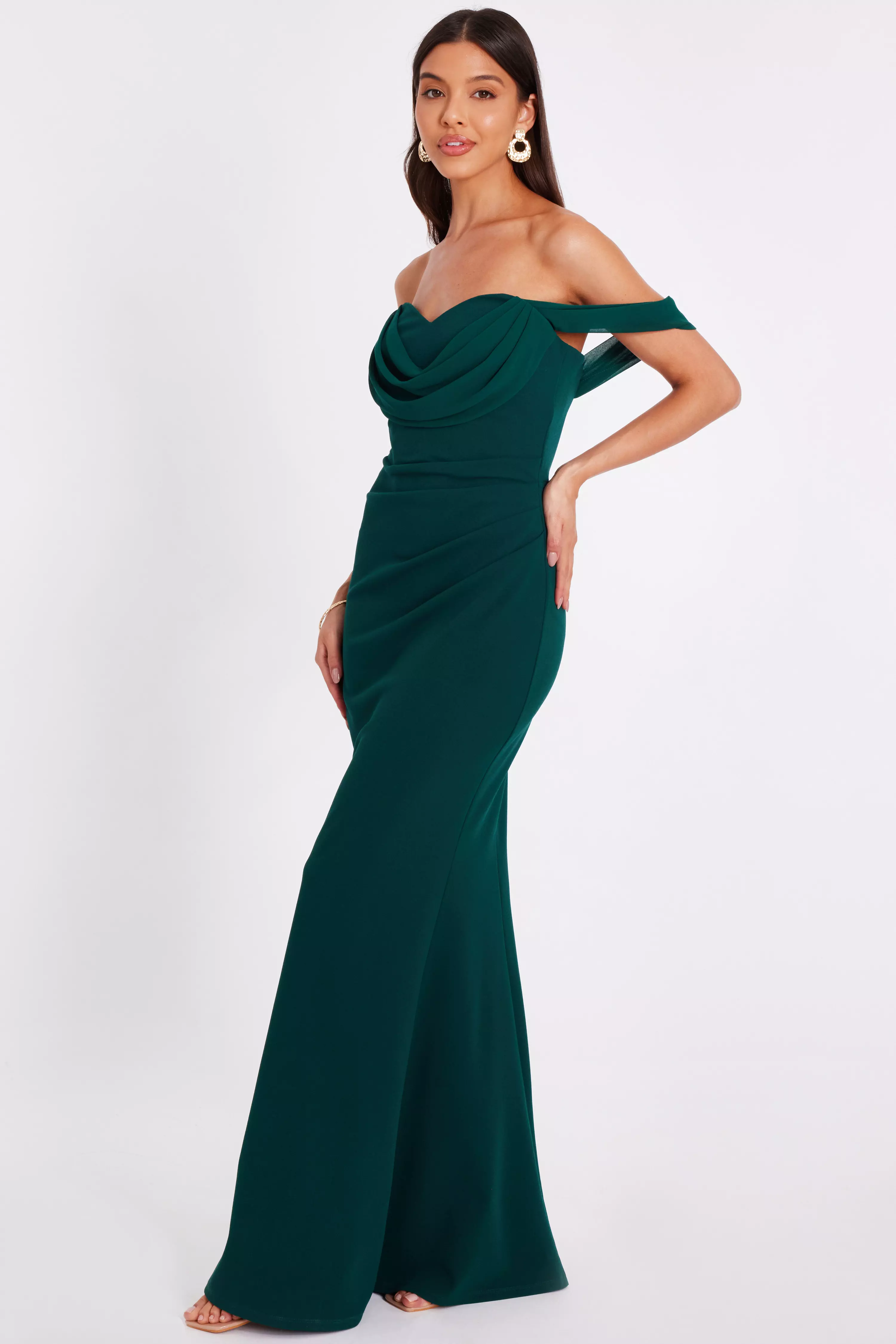 Bottle Green Chiffon Bardot Maxi Dress