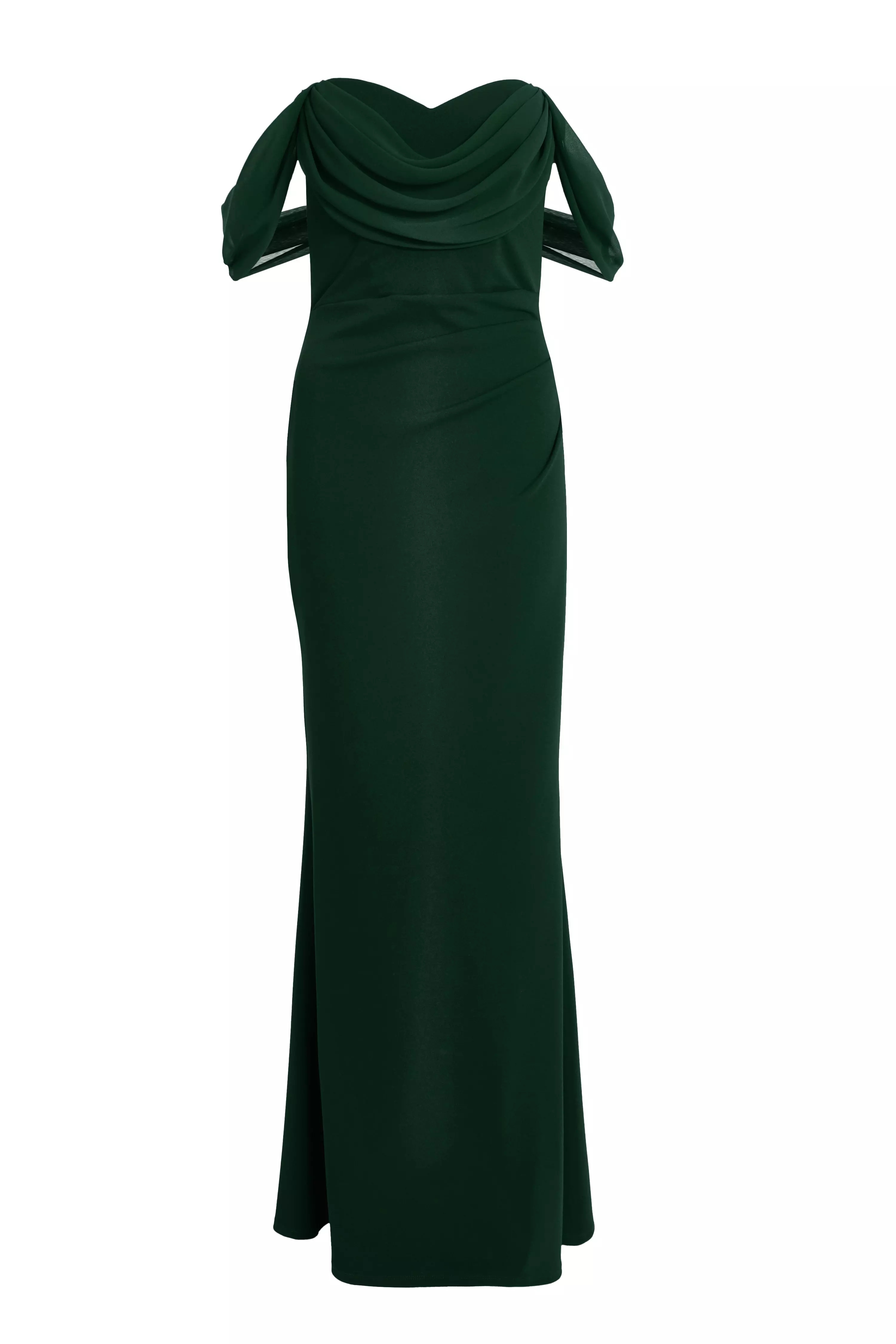 Bottle Green Chiffon Bardot Maxi Dress