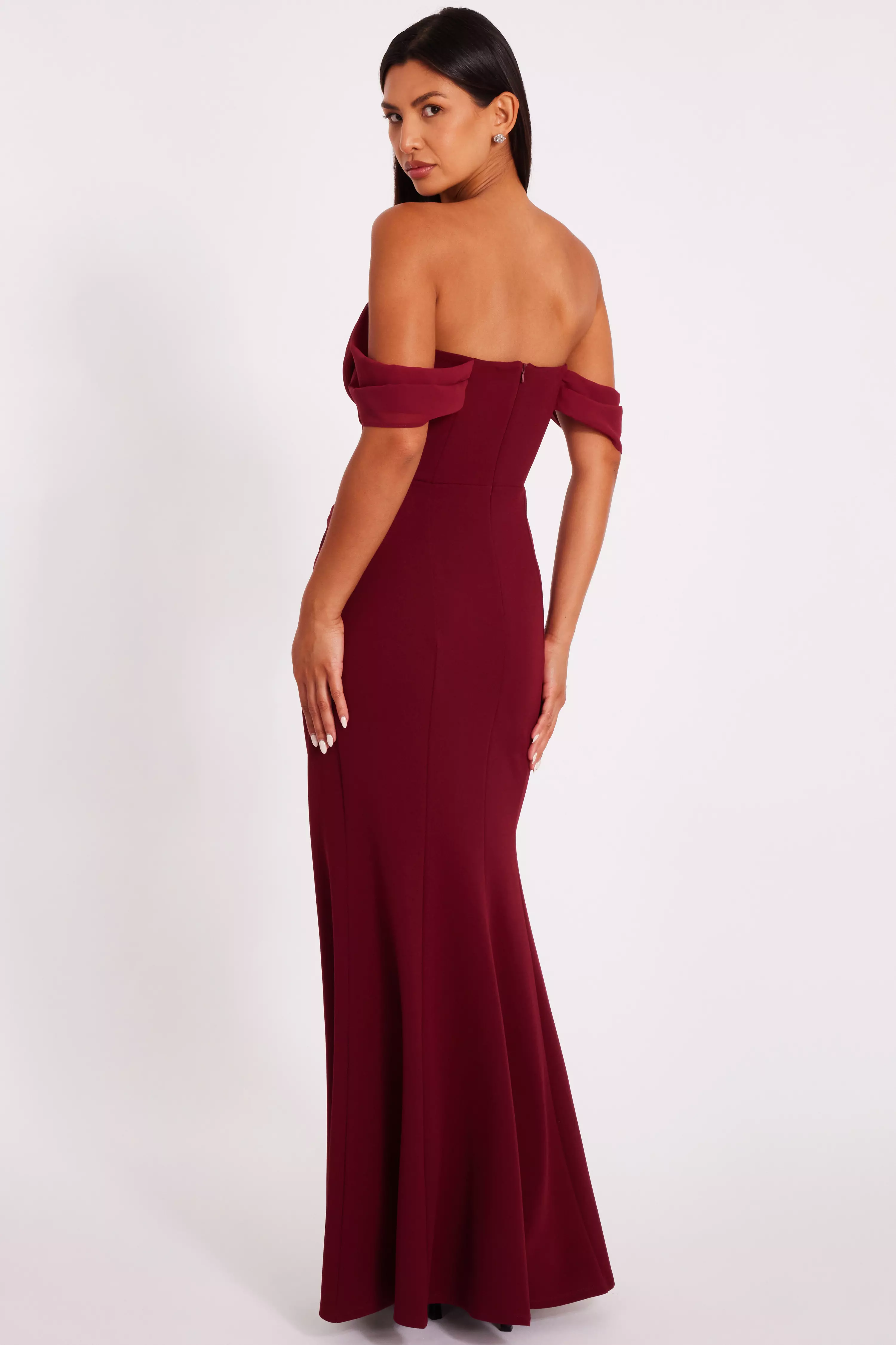 Dark Red Chiffon Bardot Maxi Dress