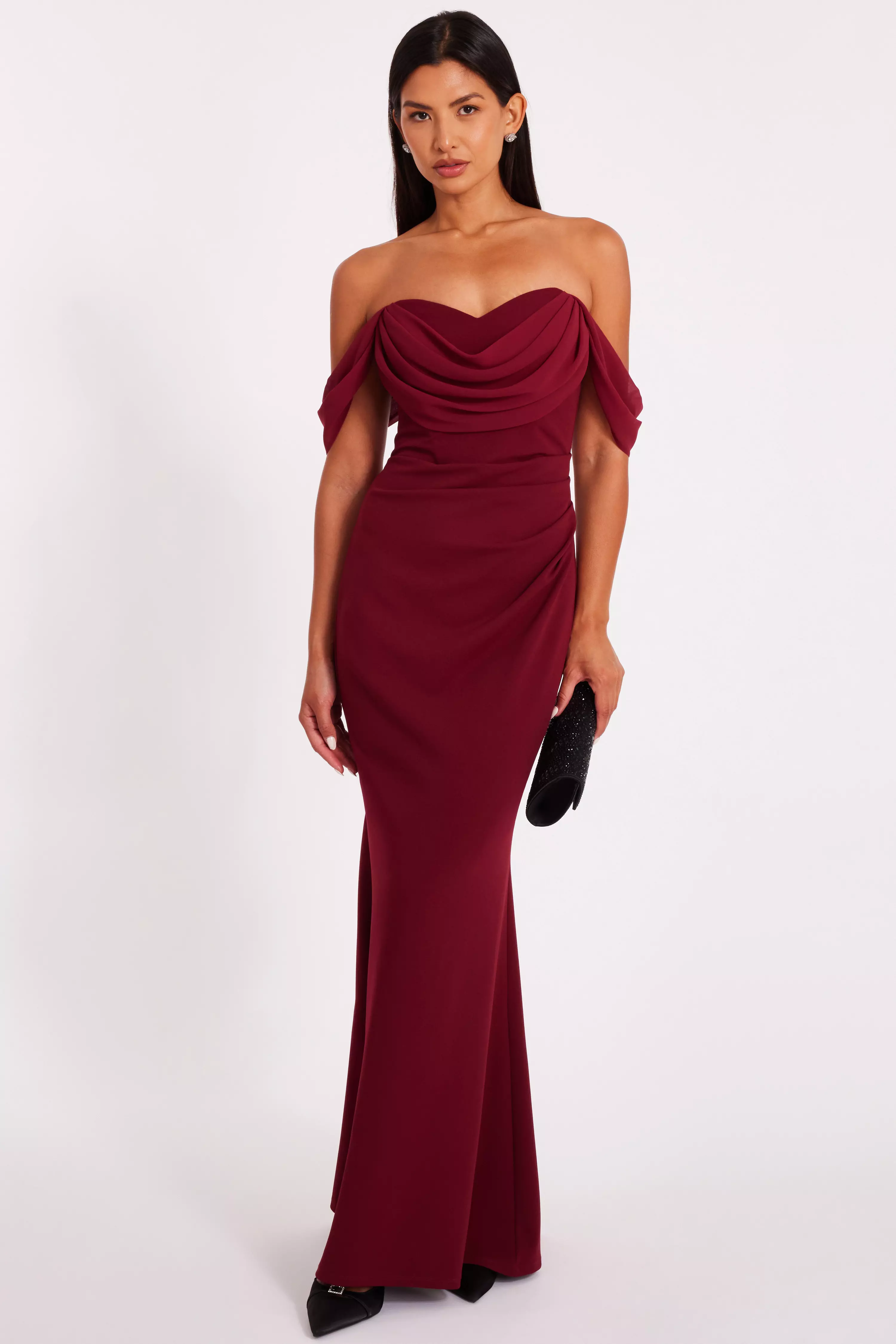 Dark Red Chiffon Bardot Maxi Dress