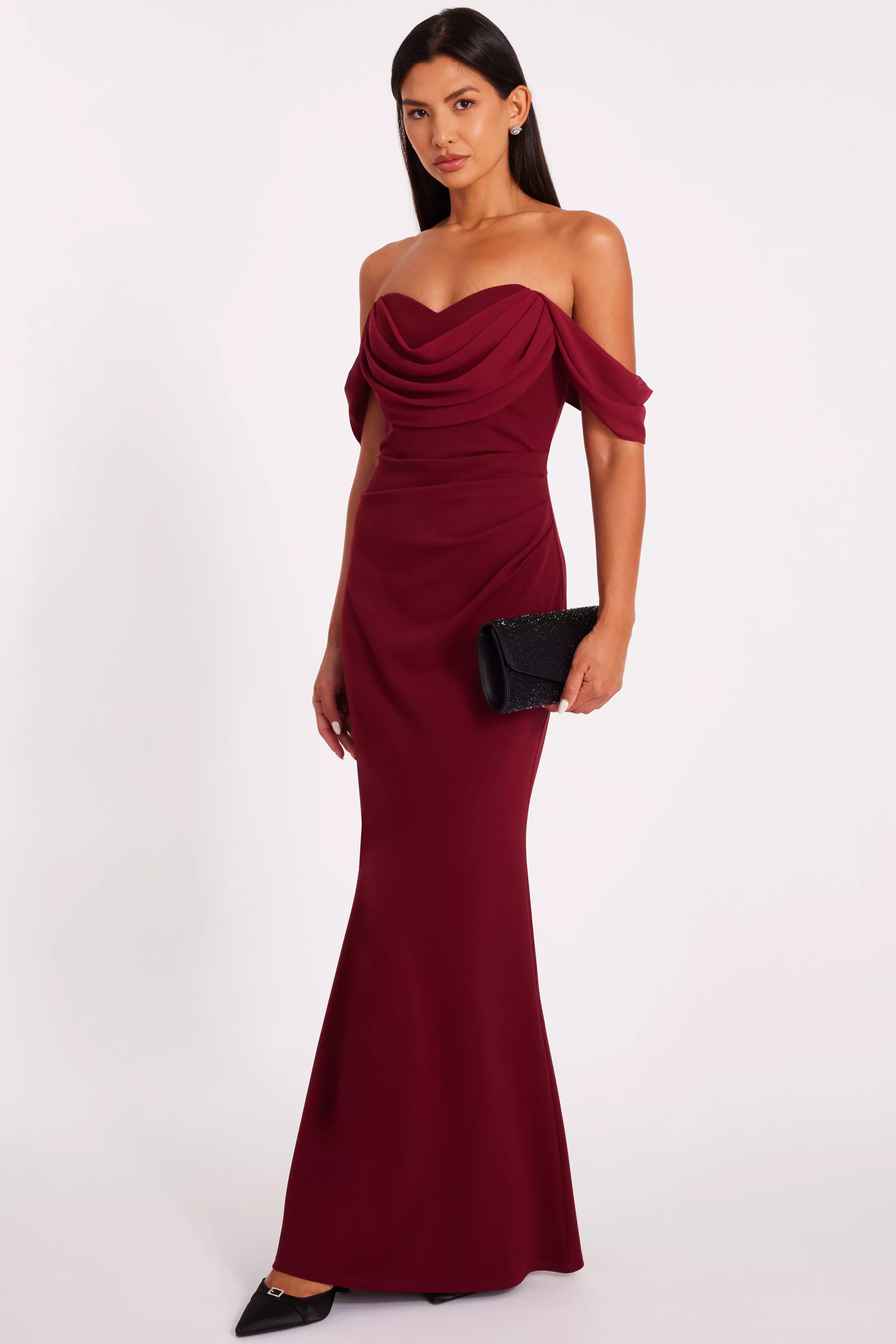 Dark Red Chiffon Bardot Maxi Dress