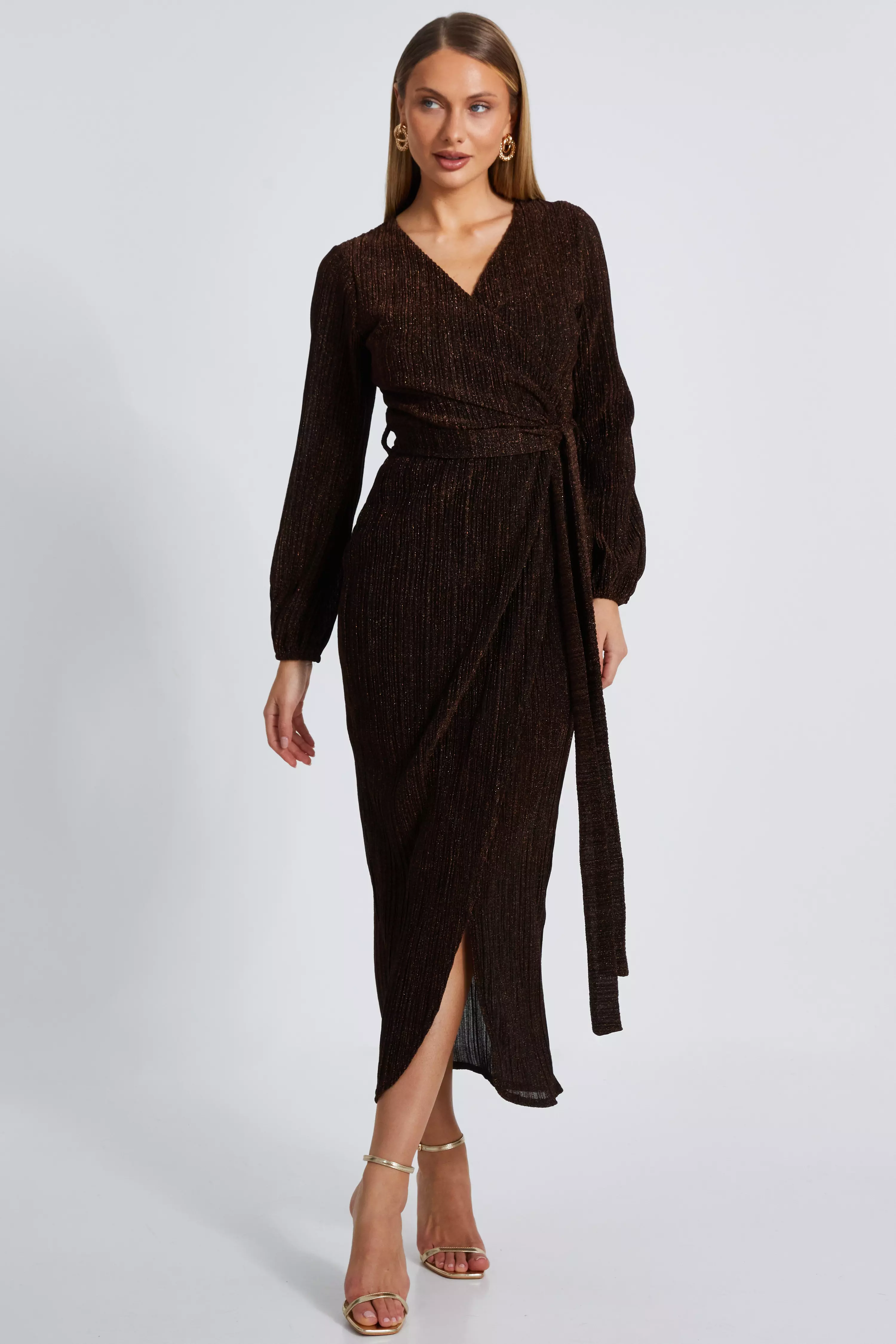 Brown Long Sleeve Midaxi Dress 