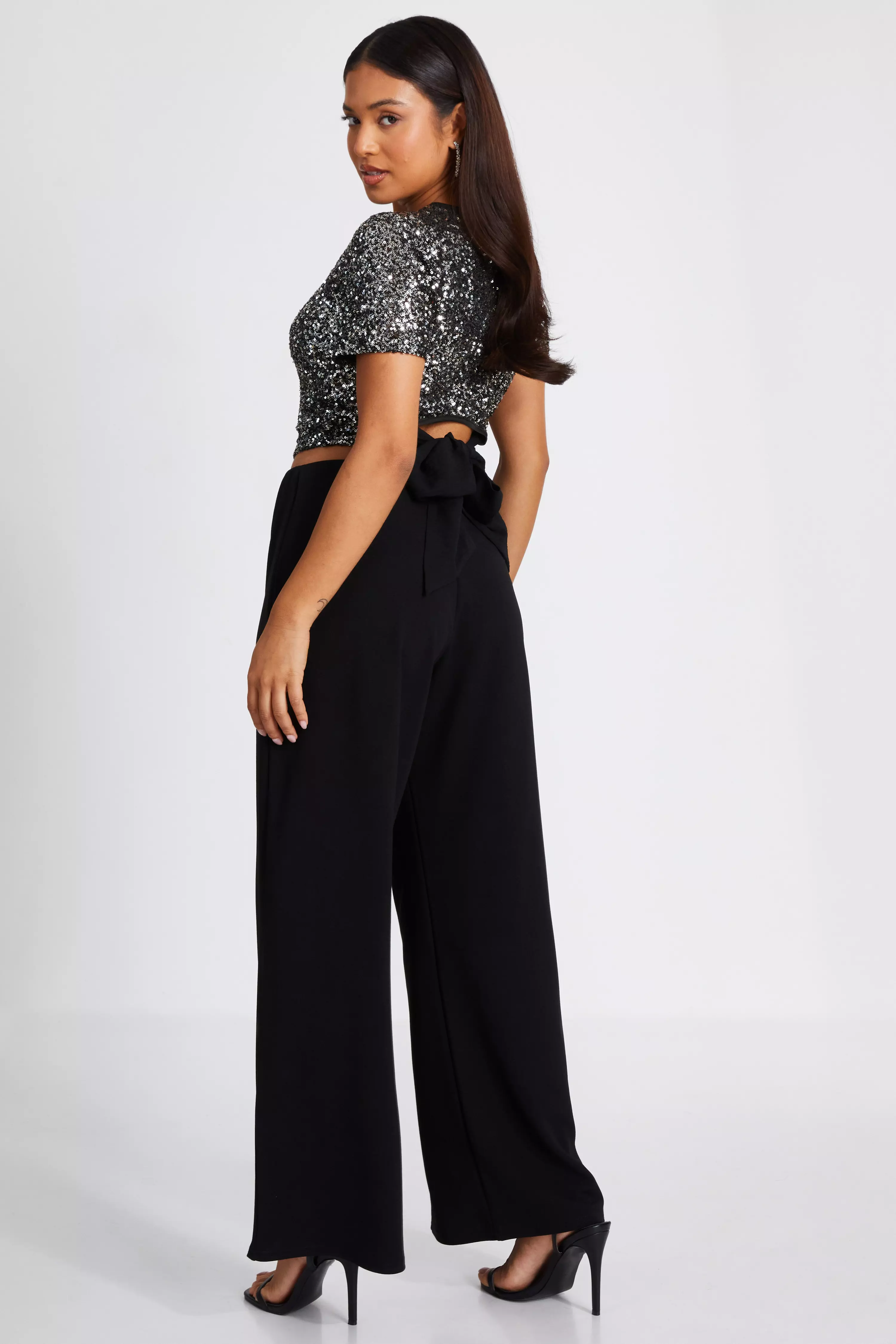 Petite Black Diamante Button Palazzo Trousers