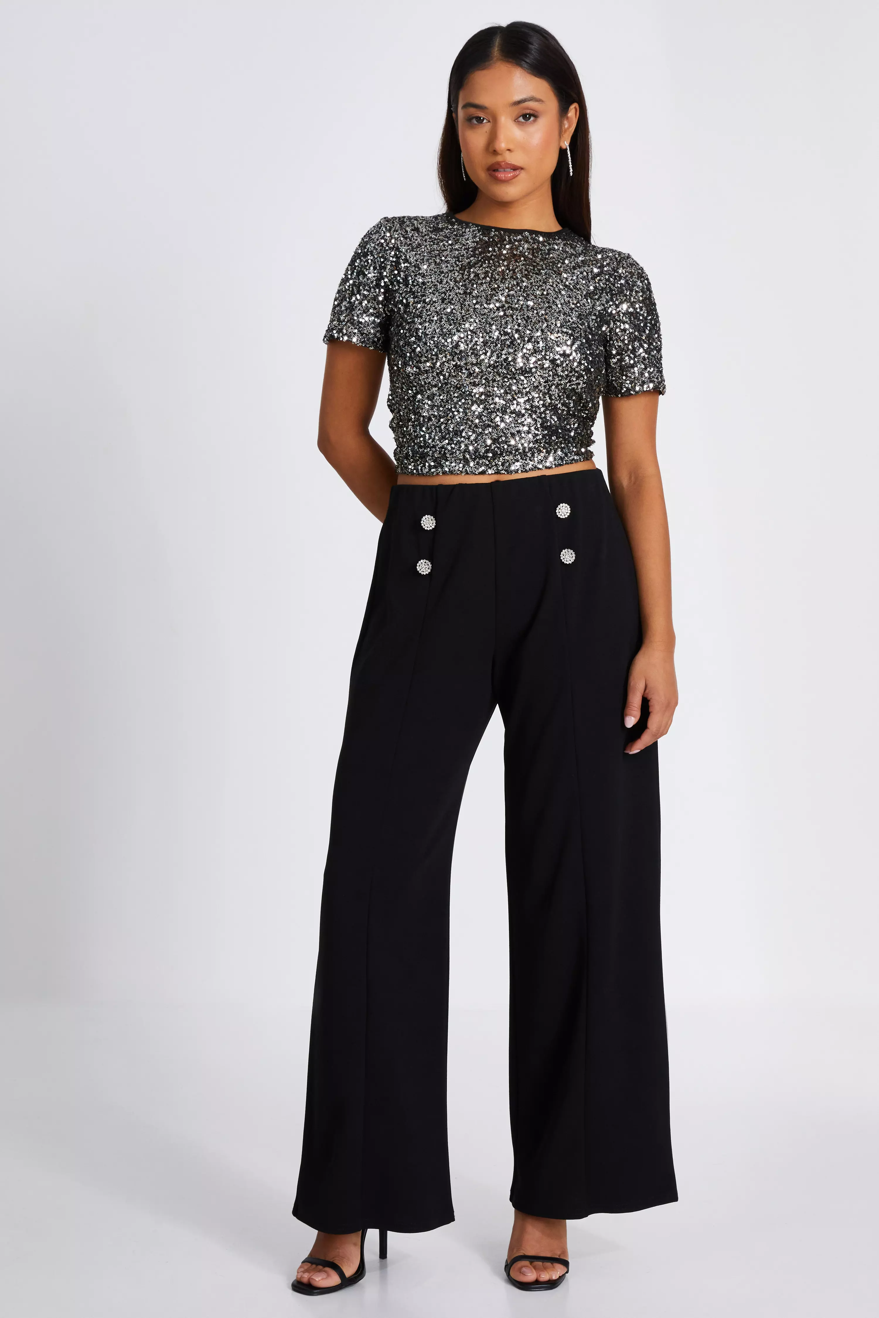 Petite Black Diamante Button Palazzo Trousers