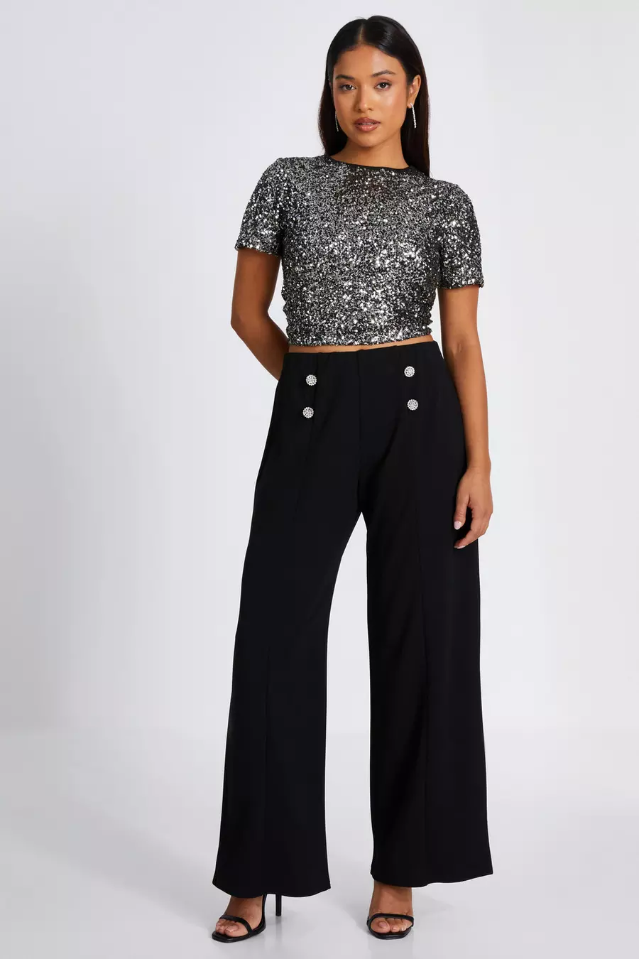 Petite Black Diamante Button Palazzo Trousers QUIZ Clothing